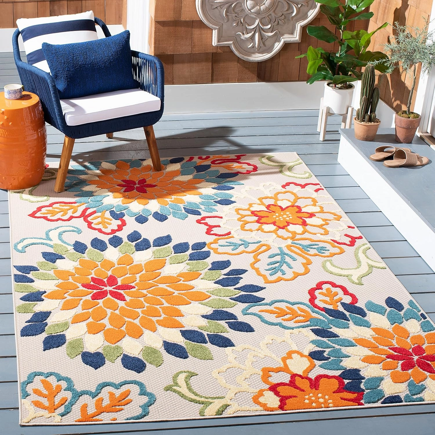 SAFAVIEH Area Rug 8x10 - Outdoor Cabana Collection - Large - Ivory & Orange, Floral Design, Weather Resistant & Washable, Ideal for Patio, Backyard, Mudroom, Deck, Dining Space (CBN391A)