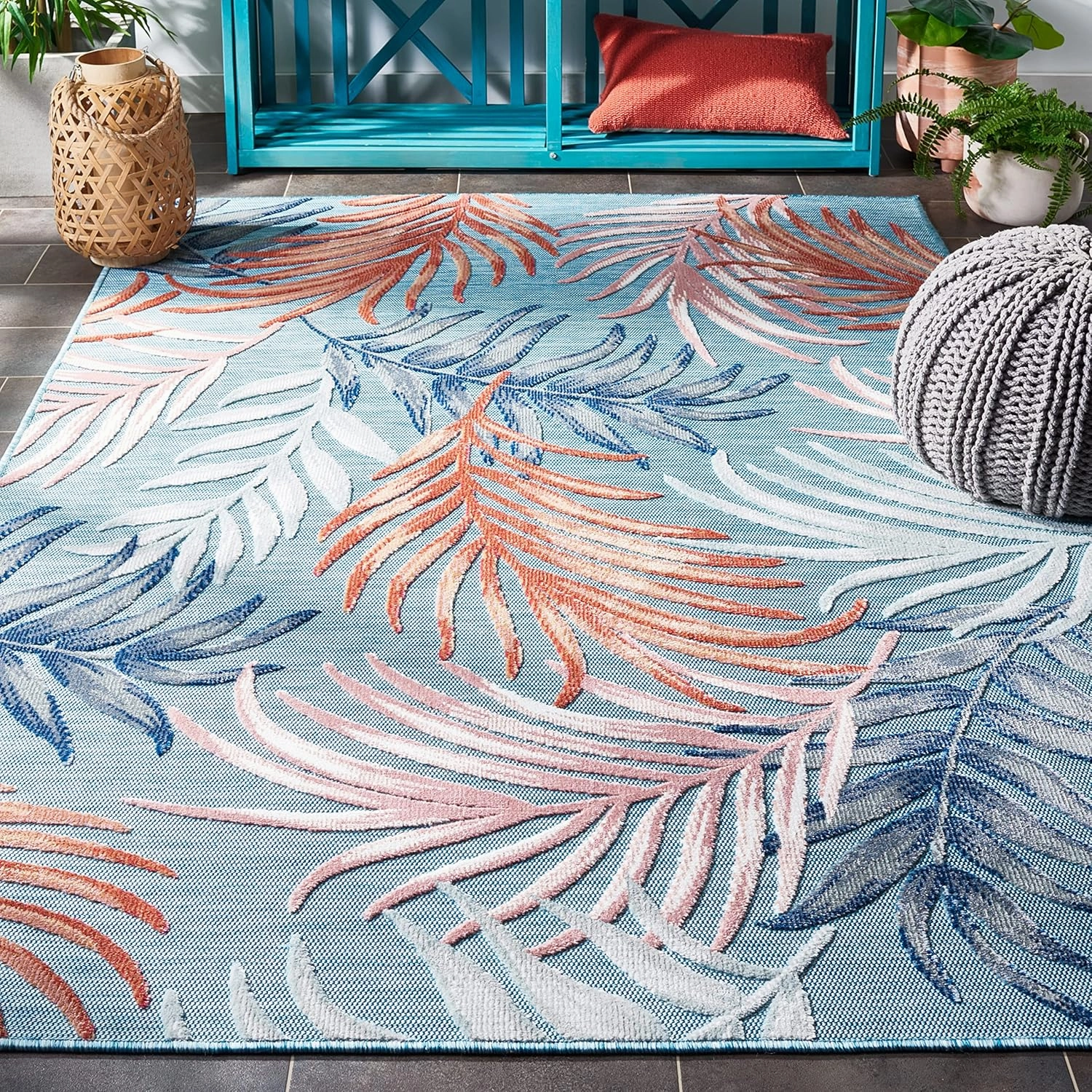 SAFAVIEH Cabana Collection Area Rug - 8' x 10', Blue & Rust, Botanical Design, Non-Shedding & Easy Care, Indoor/Outdoor & Washable-Ideal for Patio, Backyard, Mudroom (CBN458M)