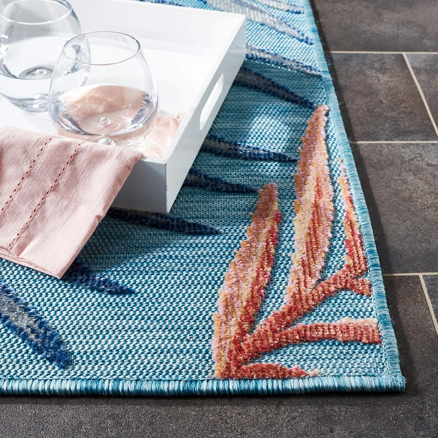 SAFAVIEH Cabana Collection Area Rug - 8' x 10', Blue & Rust, Botanical Design, Non-Shedding & Easy Care, Indoor/Outdoor & Washable-Ideal for Patio, Backyard, Mudroom (CBN458M)