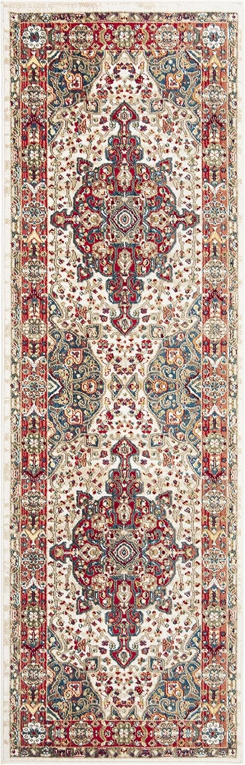 SAFAVIEH Kashan Collection Runner Rug - 2'6" x 8', Ivory & Blue, Traditional Oriental Design, Non-Shedding & Easy Care, Ideal for High Traffic Areas in Living Room, Bedroom (KSN305B)