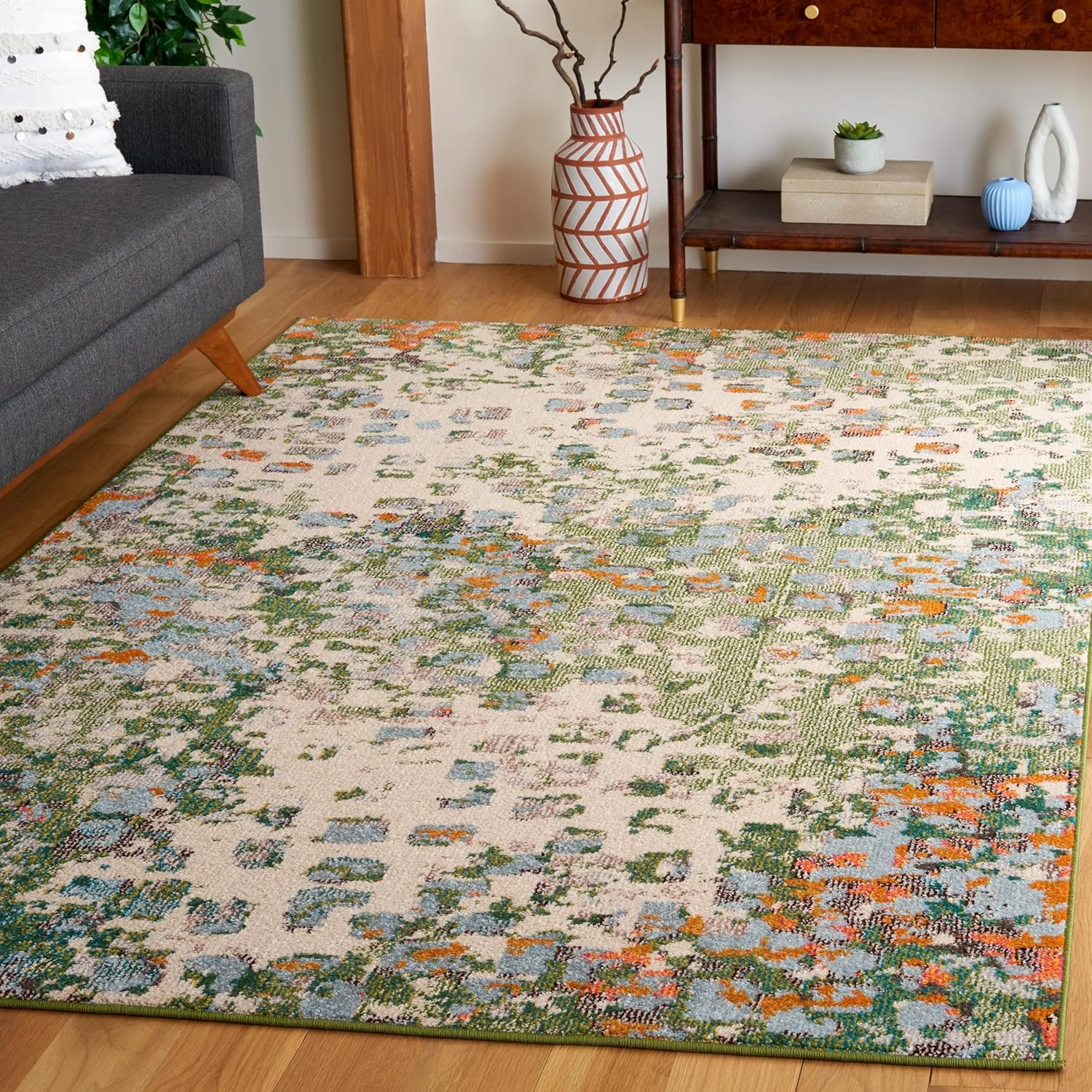 SAFAVIEH Monaco Collection Area Rug - 5'1" x 7'6", Sage & Rust, Abstract Watercolor Design, Non-Shedding & Easy Care, Ideal for High Traffic Areas in Living Room, Bedroom, Dining (MNC225W-5)