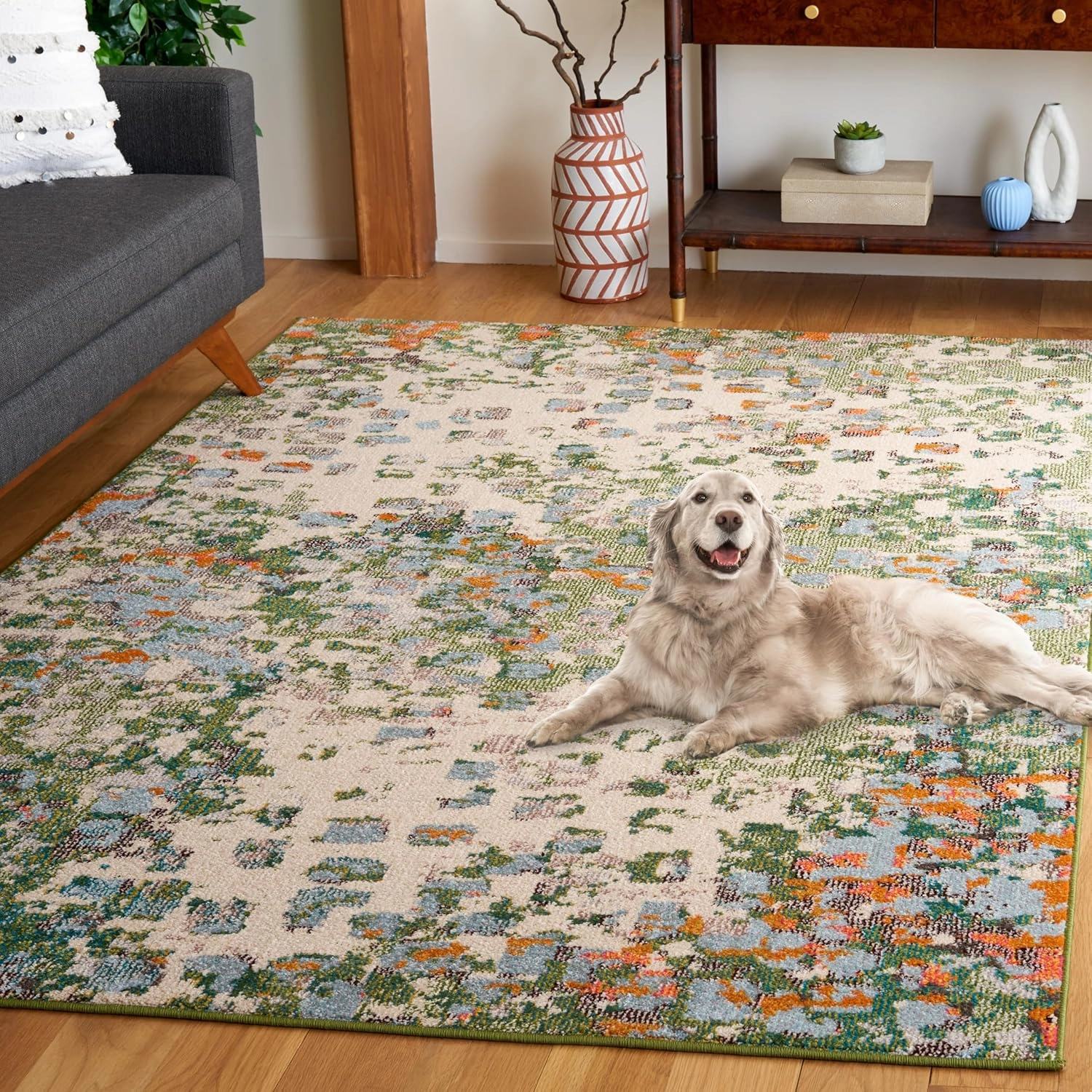 SAFAVIEH Monaco Collection Area Rug - 5'1" x 7'6", Sage & Rust, Abstract Watercolor Design, Non-Shedding & Easy Care, Ideal for High Traffic Areas in Living Room, Bedroom, Dining (MNC225W-5)