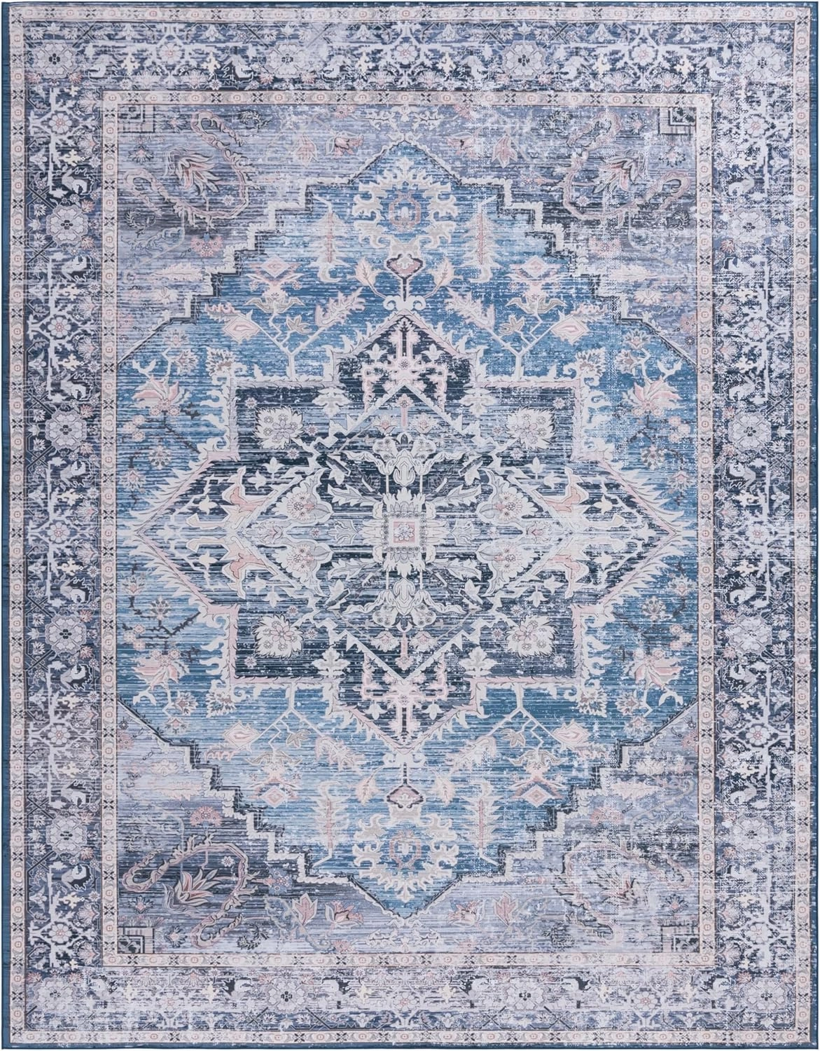 SAFAVIEH Washable Rug Tucson Collection - 9' x 12', Blue & Charcoal, Slip Resistant, Ideal for High Traffic Areas in Living Room, Bedroom, Home Office, Dining Space (TSN137M-9)