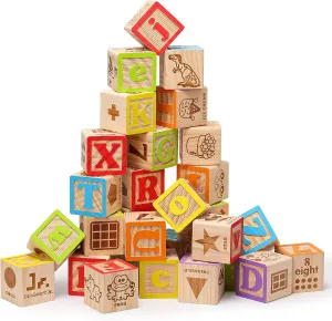 SainSmart Jr. Wooden Alphabet Blocks 1.73 Inch, 30Pcs Building Blocks Including Letters, Numbers and Animals, Montessori Wooden Blocks for Preschool Toddlers