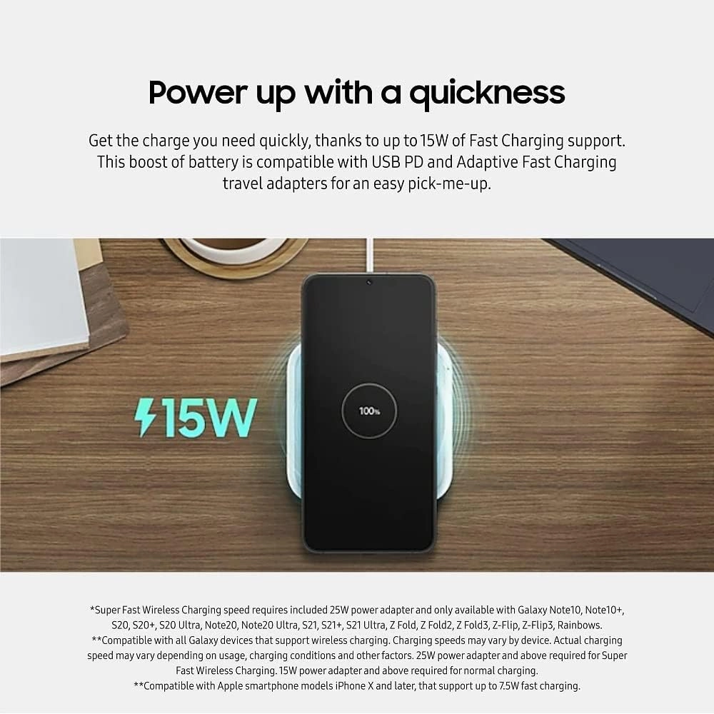 Samsung 15W Wireless Charger Single, Cordless Super Fast Charging Pad for Galaxy Phones and Devices, Compact Design, LED Indicator, USB C Cable Included, 2022, US Version, Grey