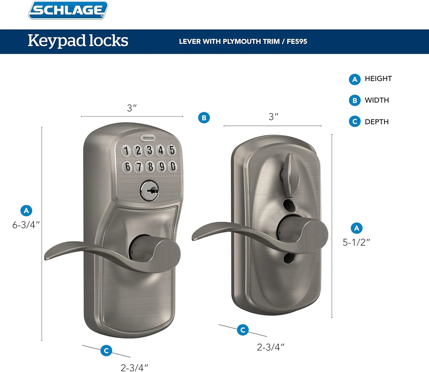 SCHLAGE FE595 PLY 505 PLY Plymouth Keypad Entry with Flex-Lock and Plymouth Style Knobs, Bright Brass