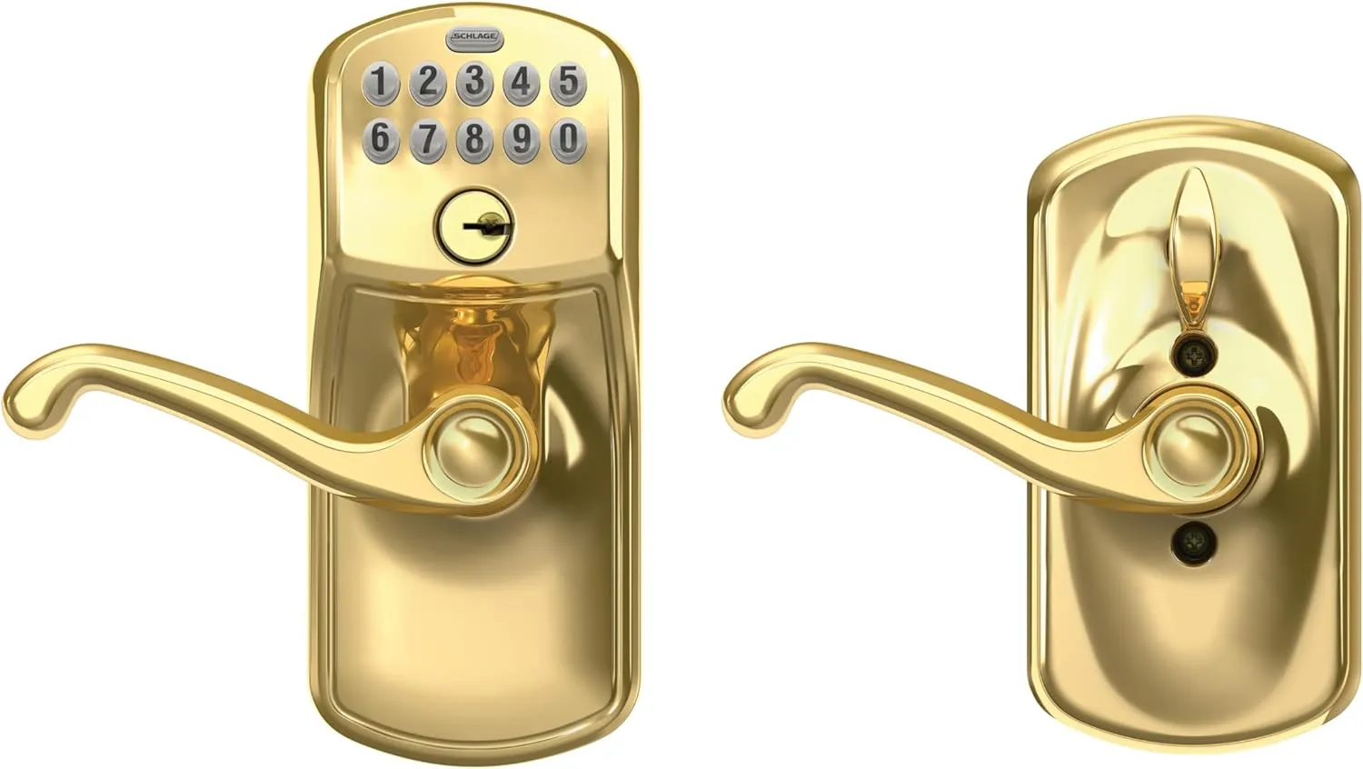 SCHLAGE FE595 PLY 505 PLY Plymouth Keypad Entry with Flex-Lock and Plymouth Style Knobs, Bright Brass