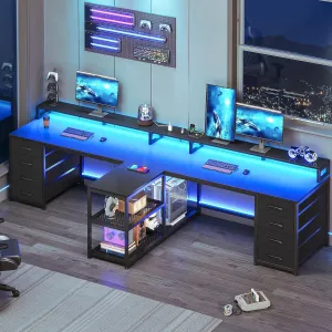 SEDETA 94.5" 2 Person Gaming Desk, Long Office Computer Desk with 8 Drawers & LED Lights, Two Person Desk with Storage, Power Strip & Monitor Stand for Home Office, Black