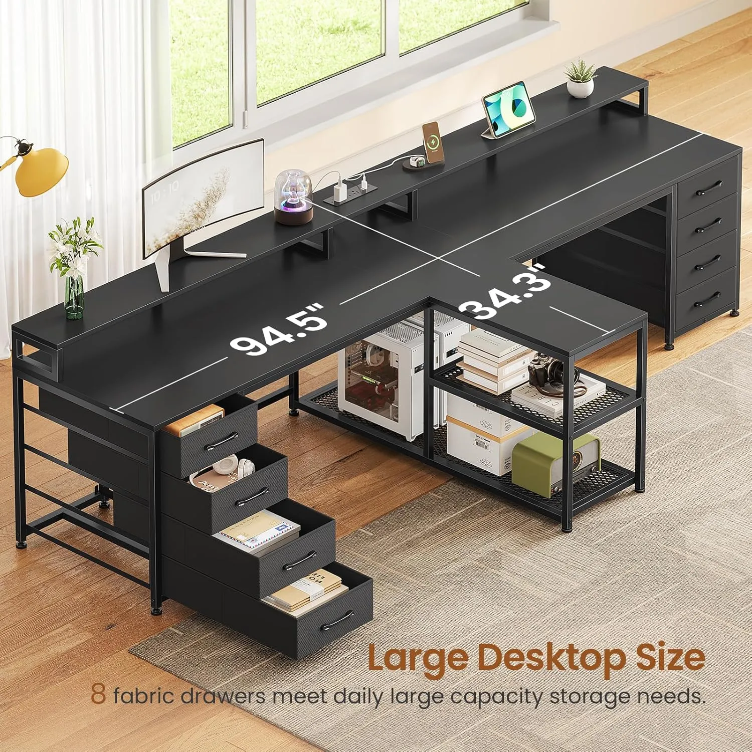SEDETA 94.5" 2 Person Gaming Desk, Long Office Computer Desk with 8 Drawers & LED Lights, Two Person Desk with Storage, Power Strip & Monitor Stand for Home Office, Black