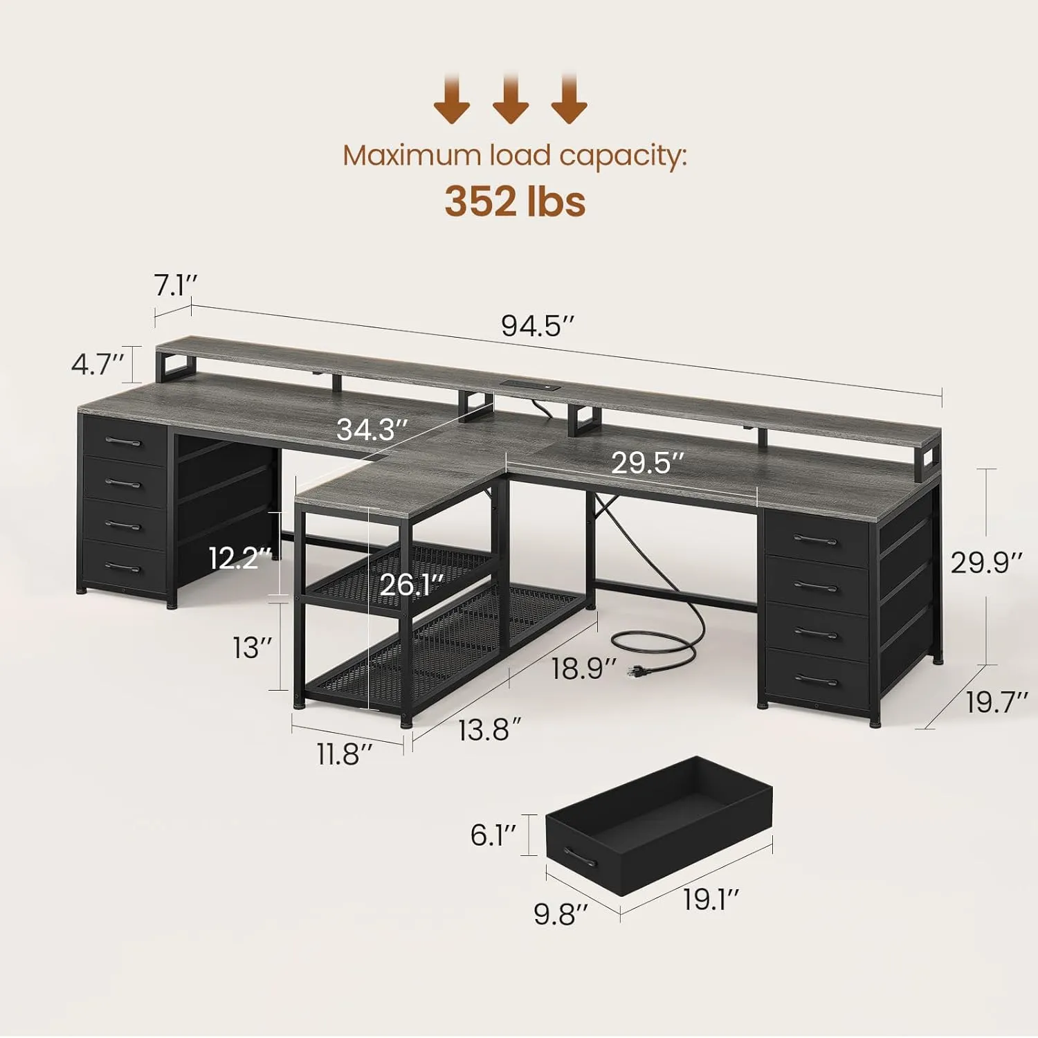 SEDETA 94.5" 2 Person Gaming Desk, Long Office Computer Desk with 8 Drawers & LED Lights, Two Person Desk with Storage, Power Strip & Monitor Stand for Home Office, Grey