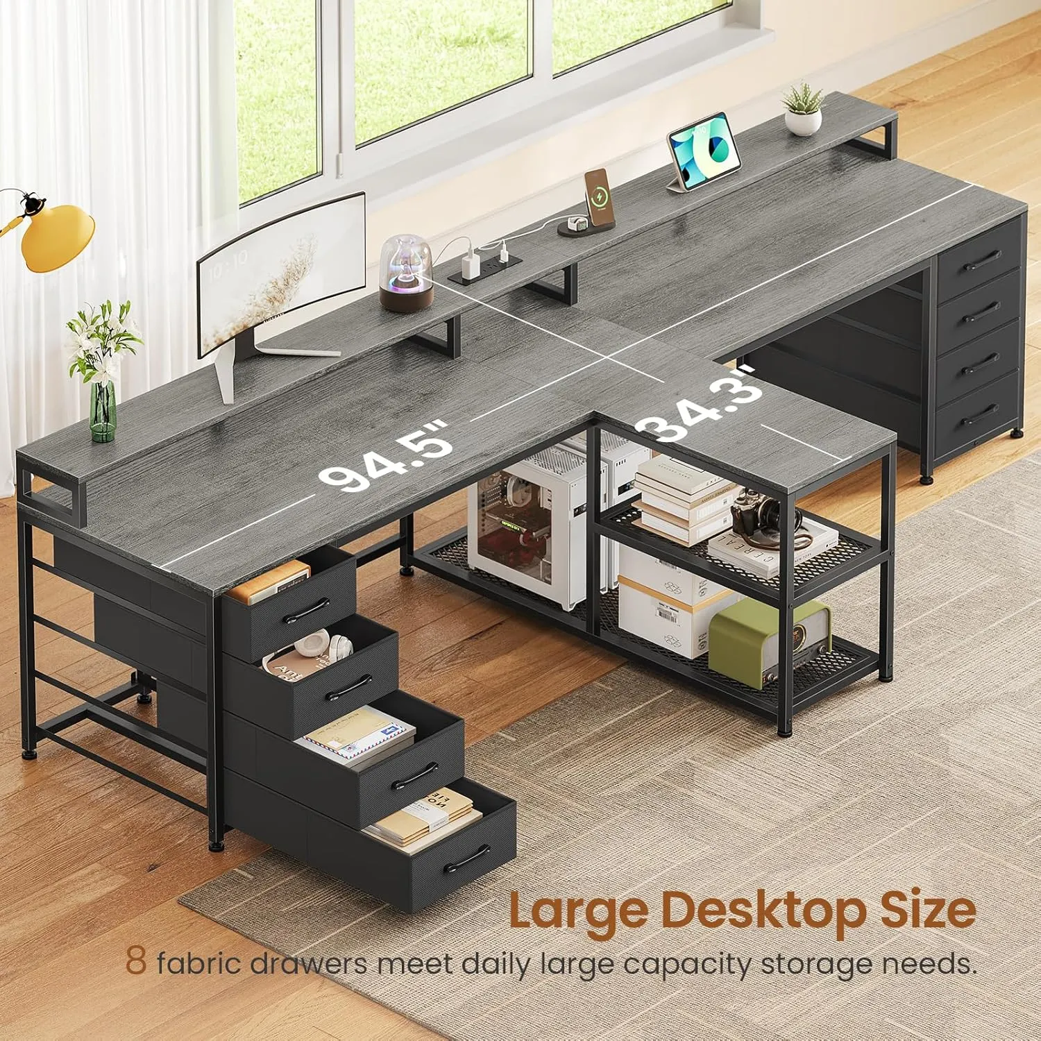SEDETA 94.5" 2 Person Gaming Desk, Long Office Computer Desk with 8 Drawers & LED Lights, Two Person Desk with Storage, Power Strip & Monitor Stand for Home Office, Grey