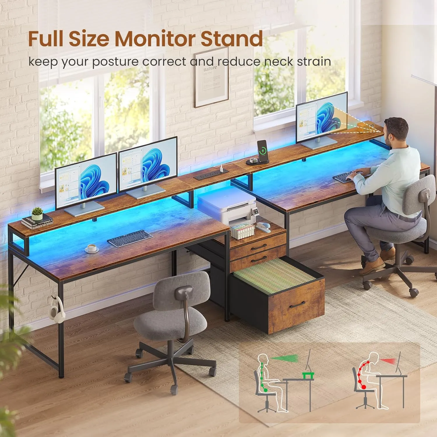 SEDETA 96.5" Office Desk, 2 Person Computer Desk with 3 Fabric Drawers & Power Strip, Long Gaming Desk with LED Light & Monitor Stand for Home Office, Rustic Brown