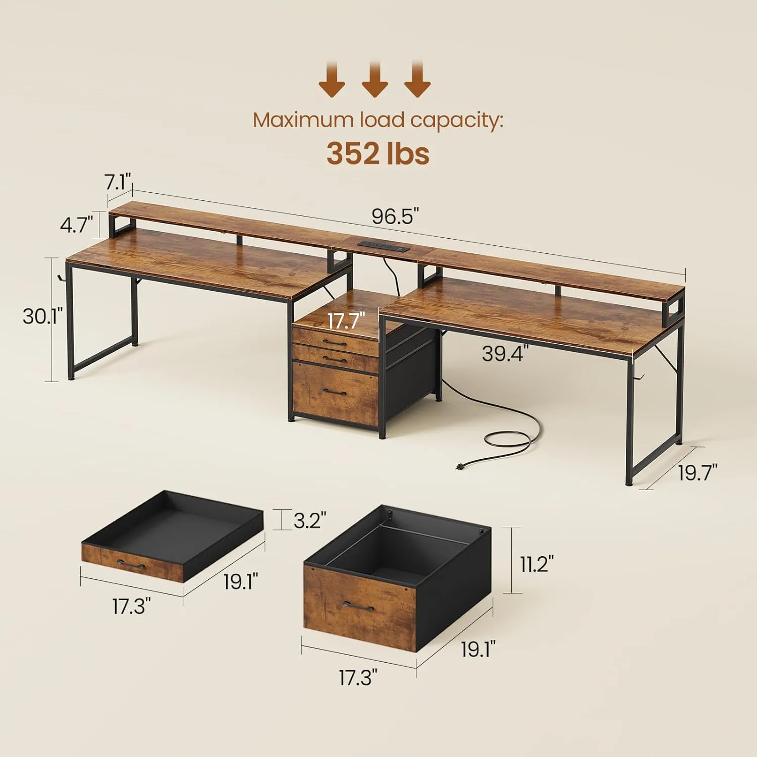 SEDETA 96.5" Office Desk, 2 Person Computer Desk with 3 Fabric Drawers & Power Strip, Long Gaming Desk with LED Light & Monitor Stand for Home Office, Rustic Brown