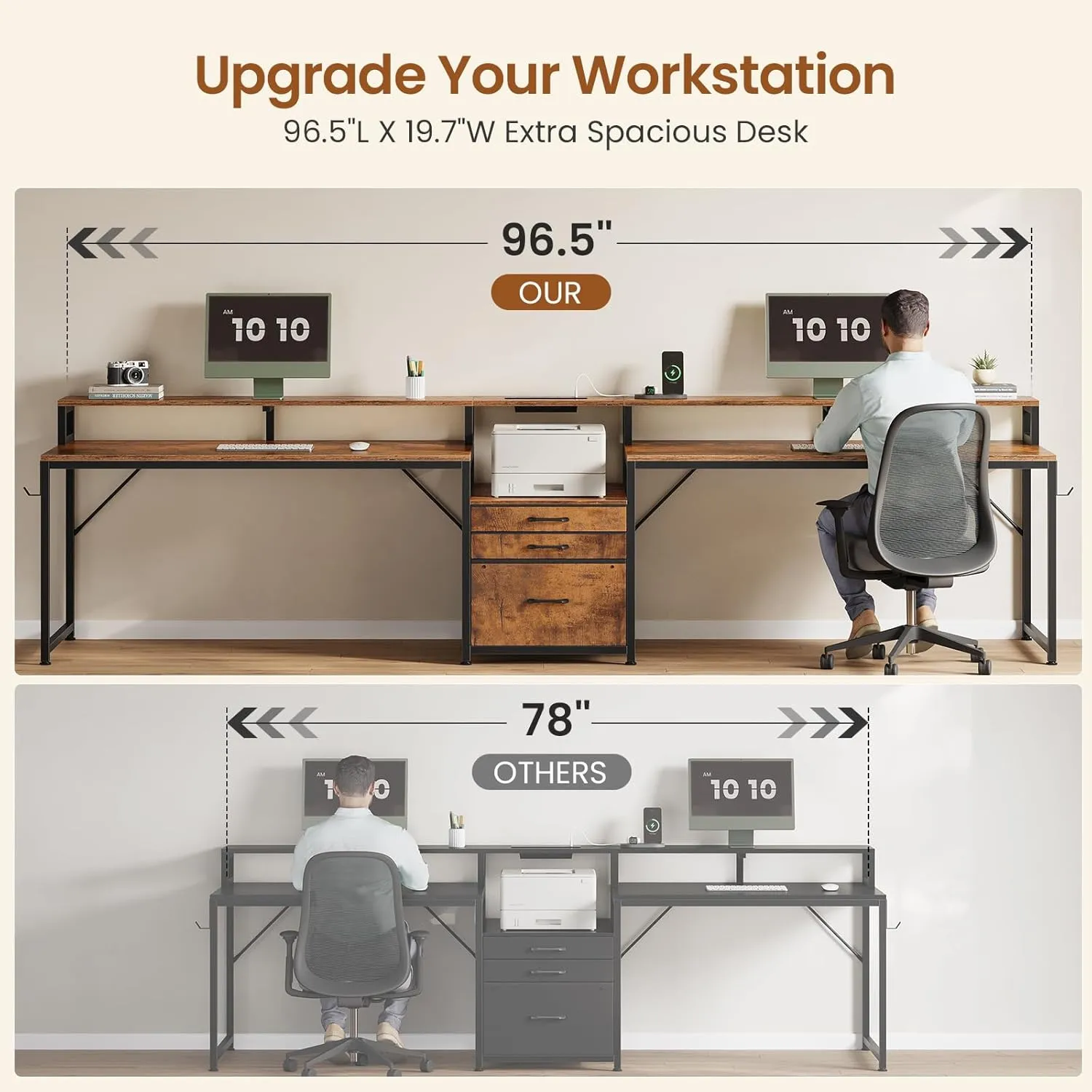 SEDETA 96.5" Office Desk, 2 Person Computer Desk with 3 Fabric Drawers & Power Strip, Long Gaming Desk with LED Light & Monitor Stand for Home Office, Rustic Brown