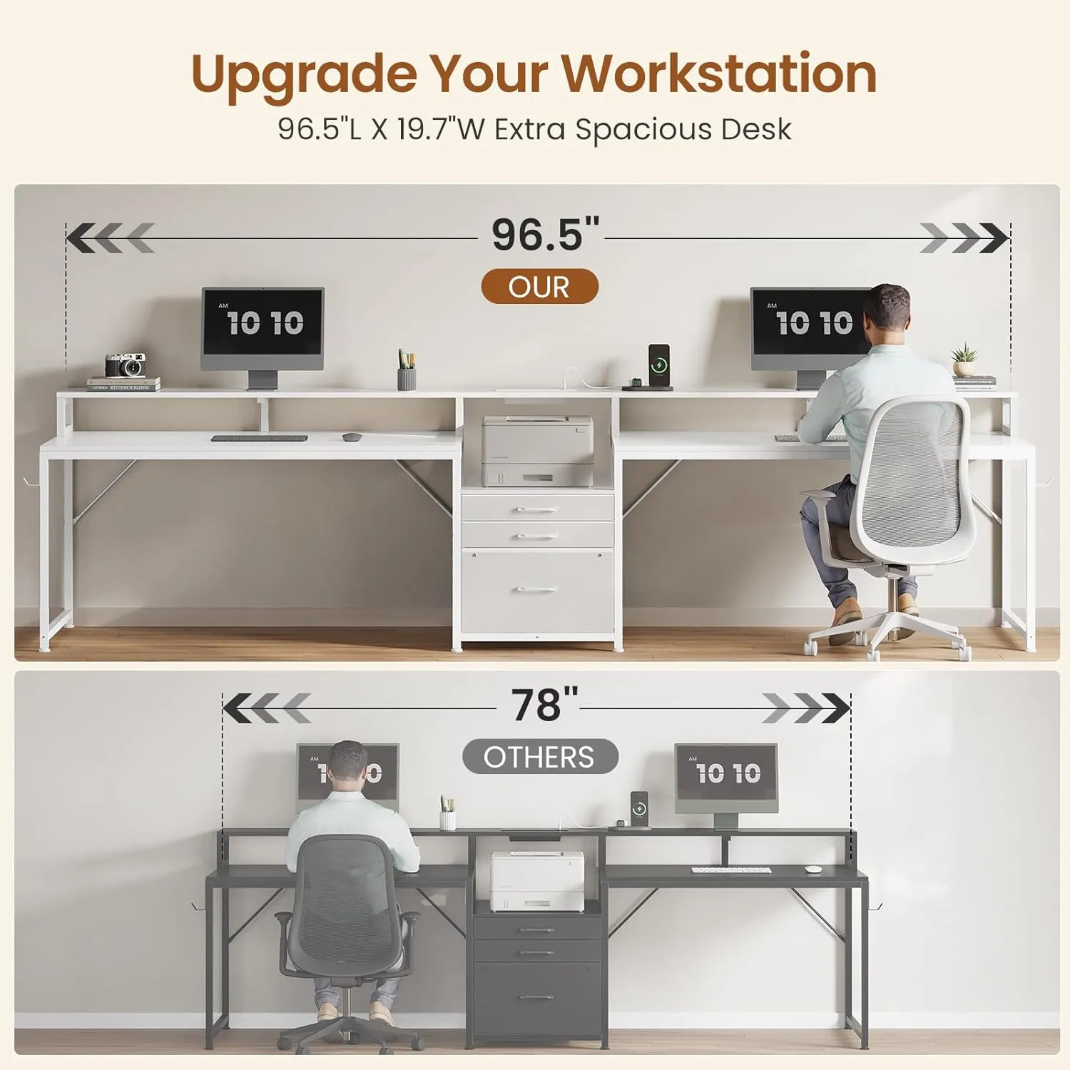 SEDETA 96.5" Office Desk, 2 Person Computer Desk with 3 Fabric Drawers & Power Strip, Long Gaming Desk with LED Light & Monitor Stand for Home Office, White