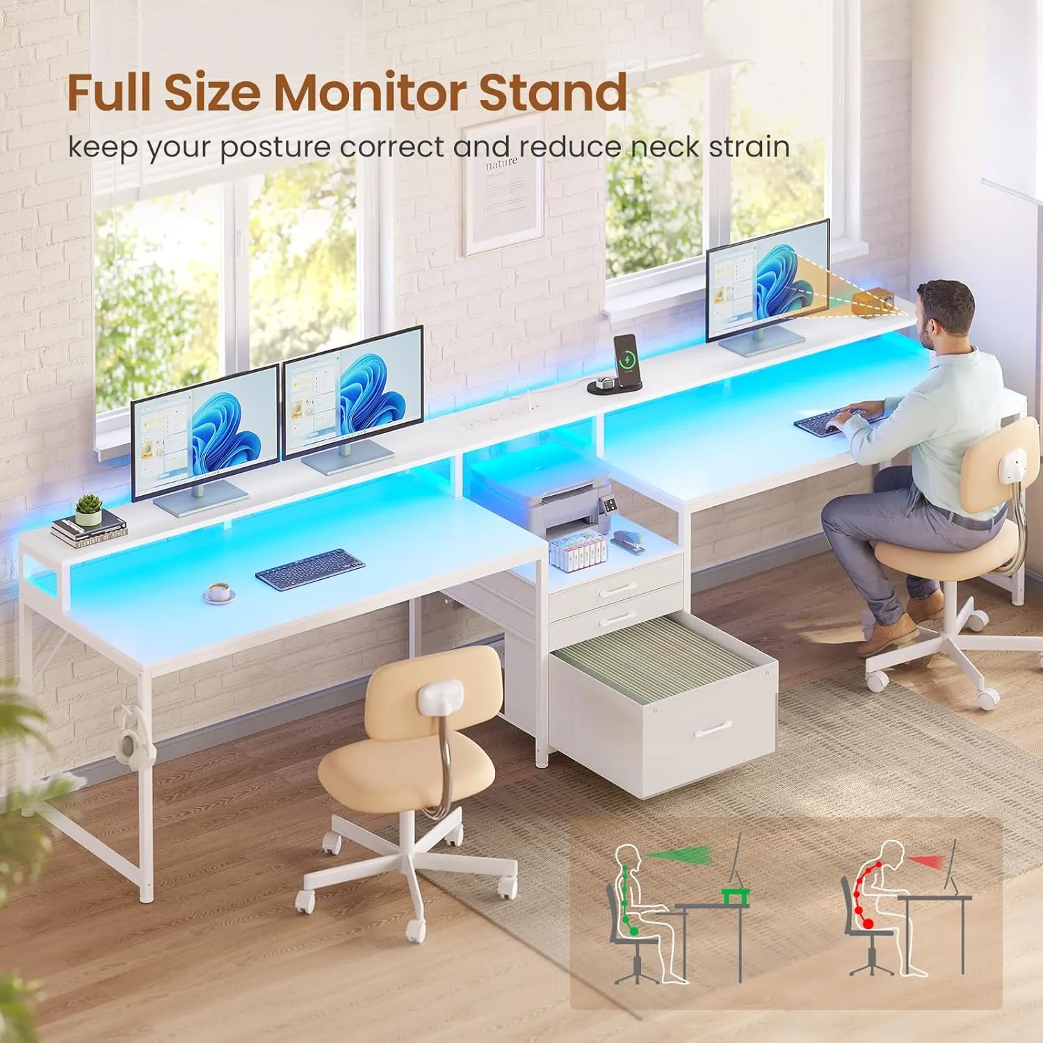 SEDETA 96.5" Office Desk, 2 Person Computer Desk with 3 Fabric Drawers & Power Strip, Long Gaming Desk with LED Light & Monitor Stand for Home Office, White