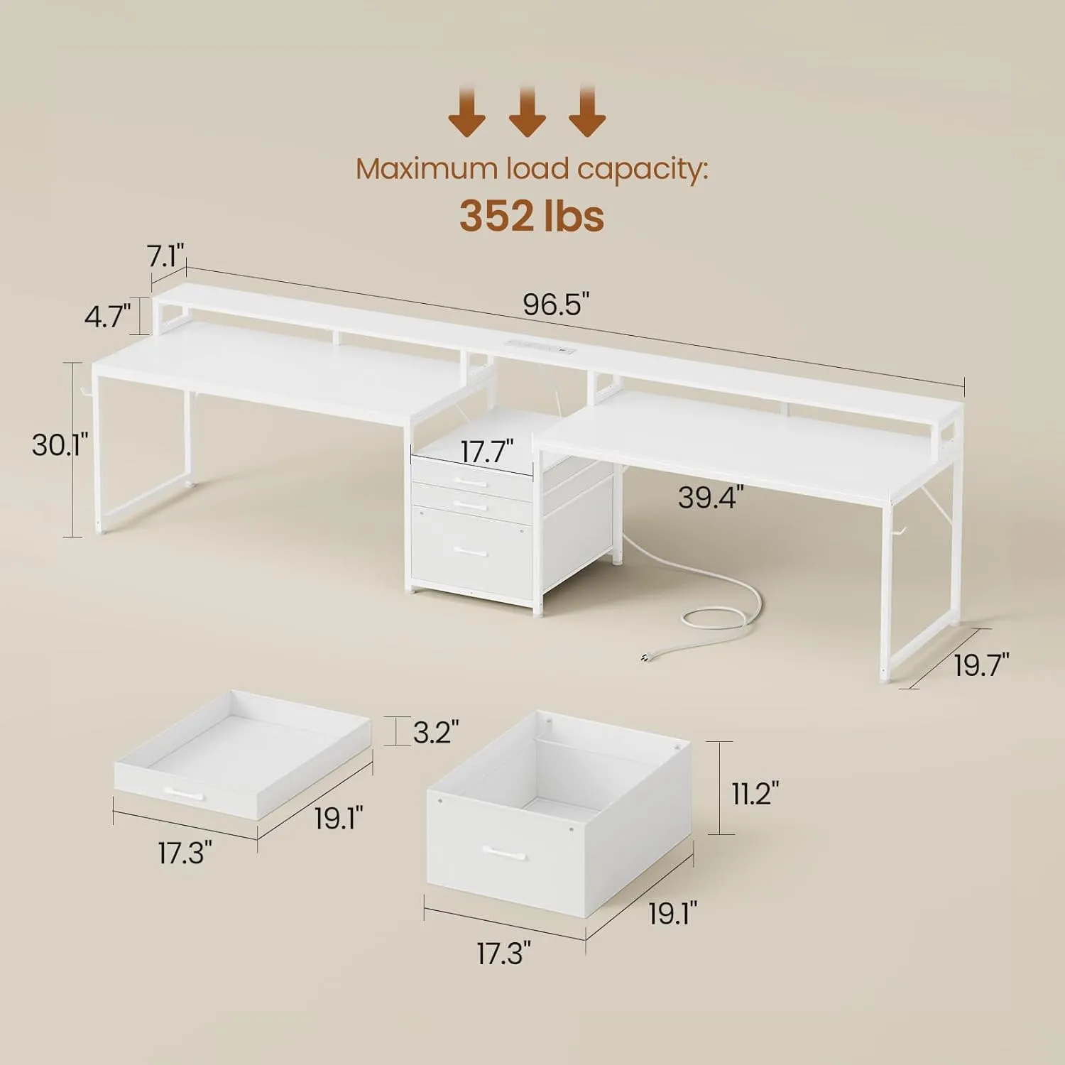 SEDETA 96.5" Office Desk, 2 Person Computer Desk with 3 Fabric Drawers & Power Strip, Long Gaming Desk with LED Light & Monitor Stand for Home Office, White