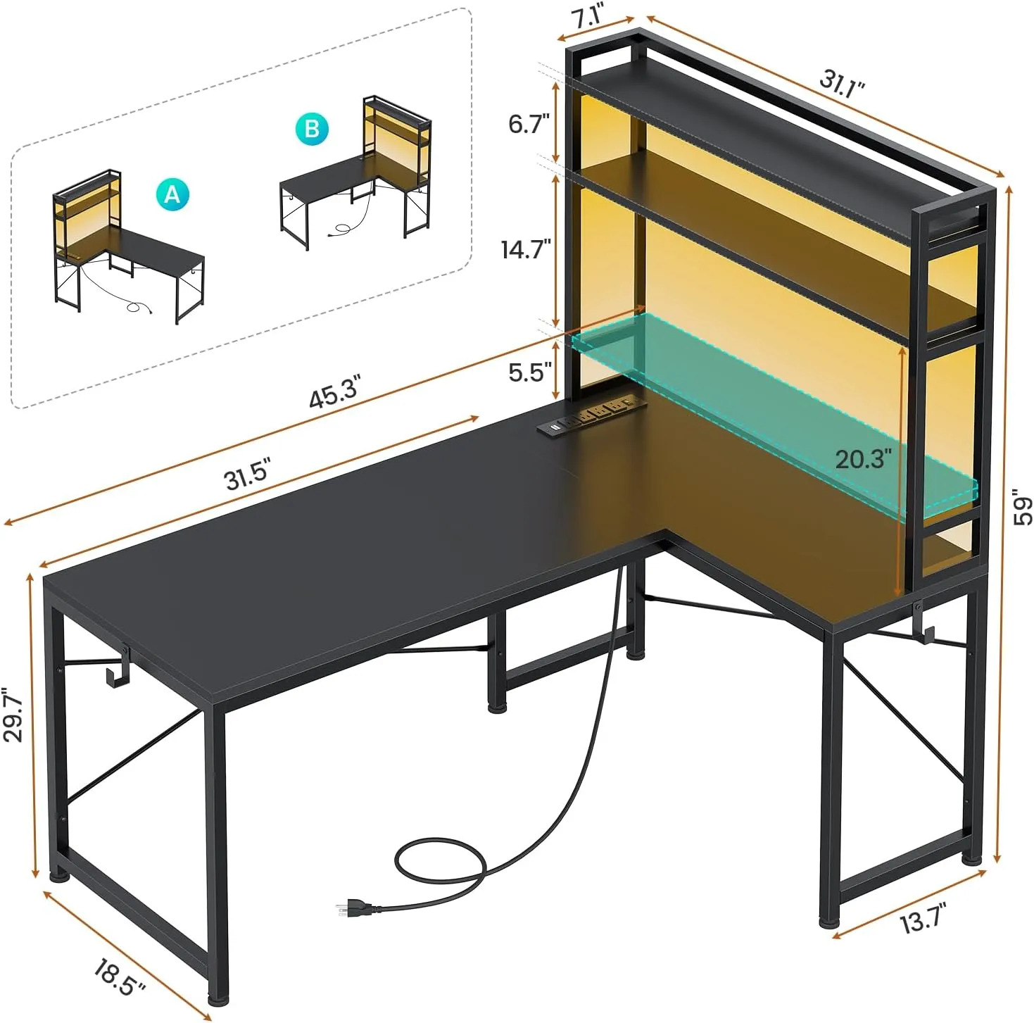 SEDETA L Shaped Gaming Desk, Reversible 45.3” Small Corner Desk with Power Outlet and LED Lights, Corner Gaming Desk with Storage Shelves, Hooks for Small Space, Black
