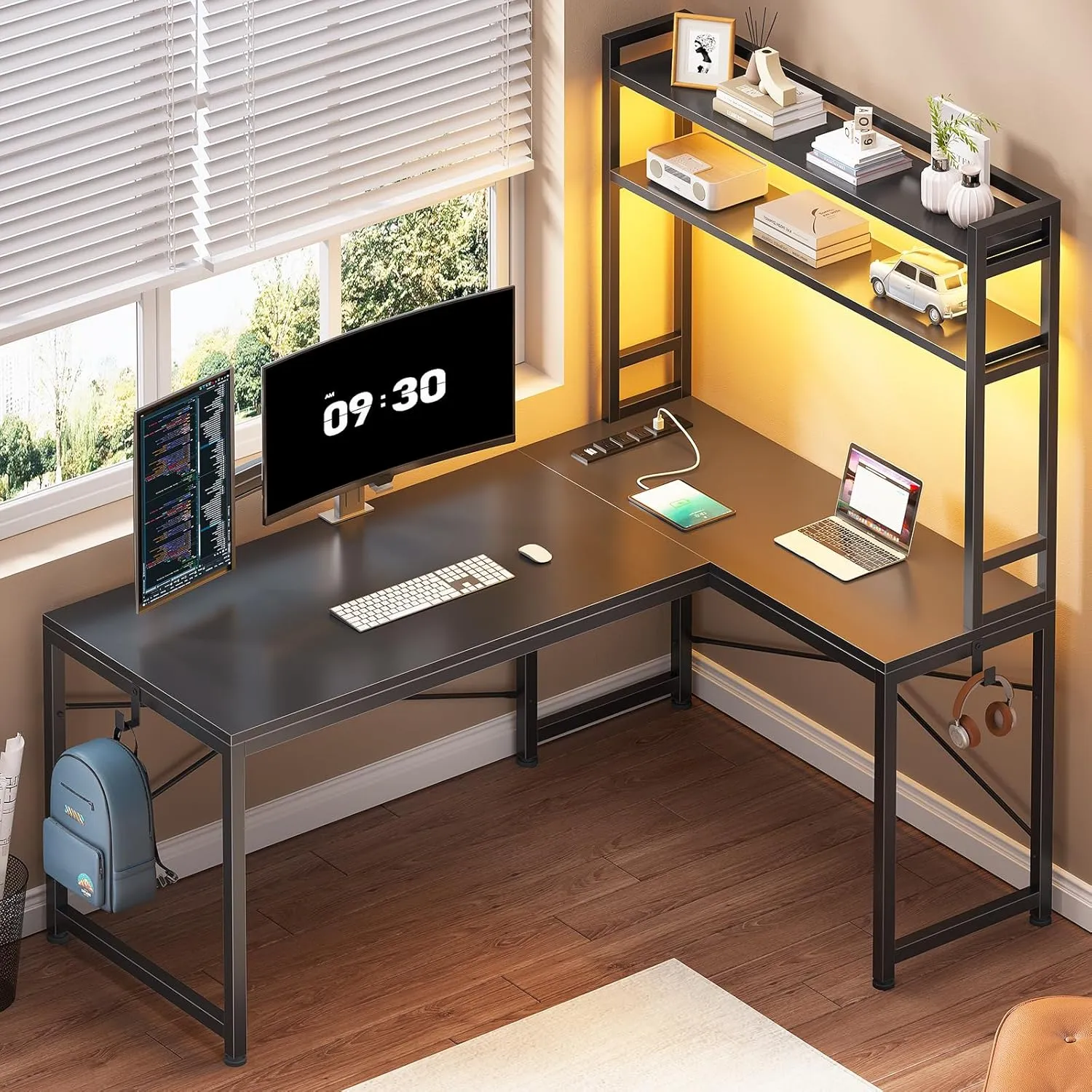 SEDETA L Shaped Gaming Desk, Reversible 45.3” Small Corner Desk with Power Outlet and LED Lights, Corner Gaming Desk with Storage Shelves, Hooks for Small Space, Black
