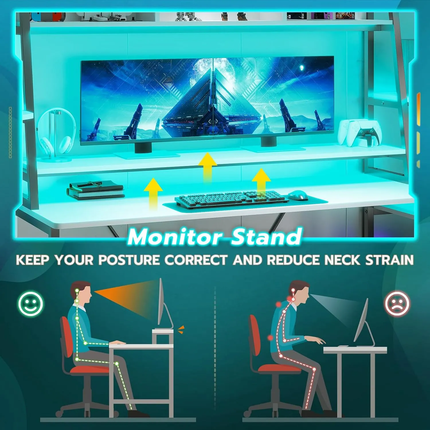 SEDETA White Gaming Desk 78.8'' with LED Lights, Hutch and Storage Shelves, Computer Desk with Monitor Stand, Large PC Gamer Desk Workstation, Ergonomic Gaming Table for Bedroom, Living Room