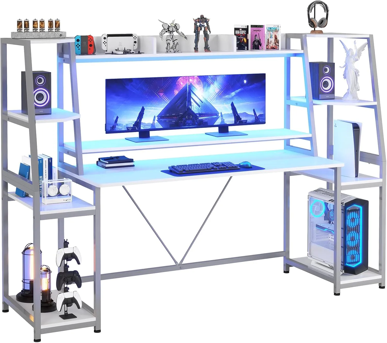 SEDETA White Gaming Desk 78.8'' with LED Lights, Hutch and Storage Shelves, Computer Desk with Monitor Stand, Large PC Gamer Desk Workstation, Ergonomic Gaming Table for Bedroom, Living Room