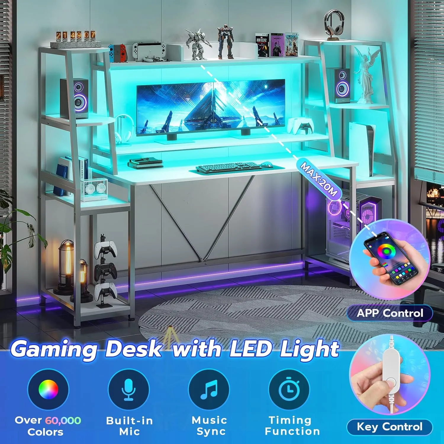 SEDETA White Gaming Desk 78.8'' with LED Lights, Hutch and Storage Shelves, Computer Desk with Monitor Stand, Large PC Gamer Desk Workstation, Ergonomic Gaming Table for Bedroom, Living Room