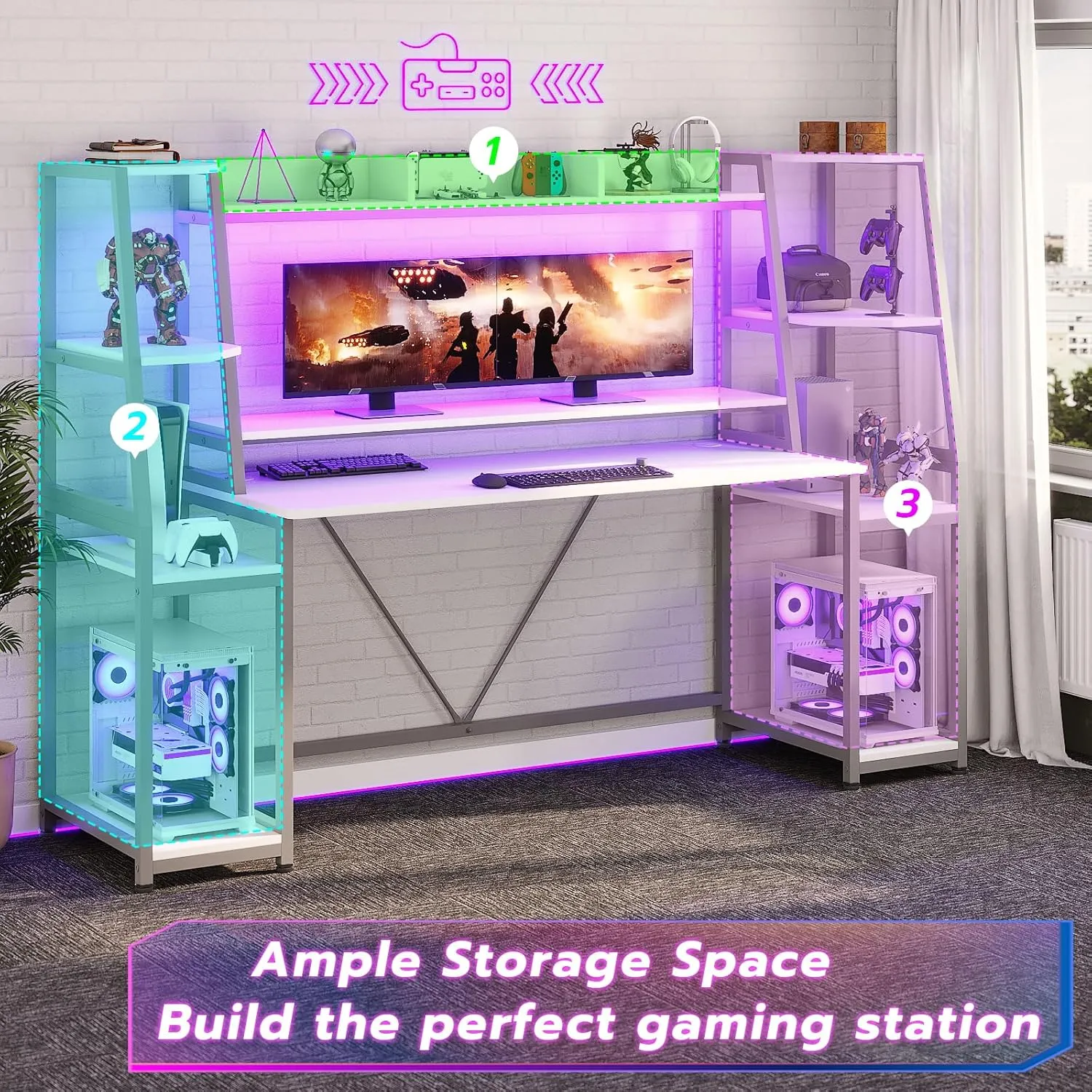 SEDETA White Gaming Desk 78.8'' with LED Lights, Hutch and Storage Shelves, Computer Desk with Monitor Stand, Large PC Gamer Desk Workstation, Ergonomic Gaming Table for Bedroom, Living Room