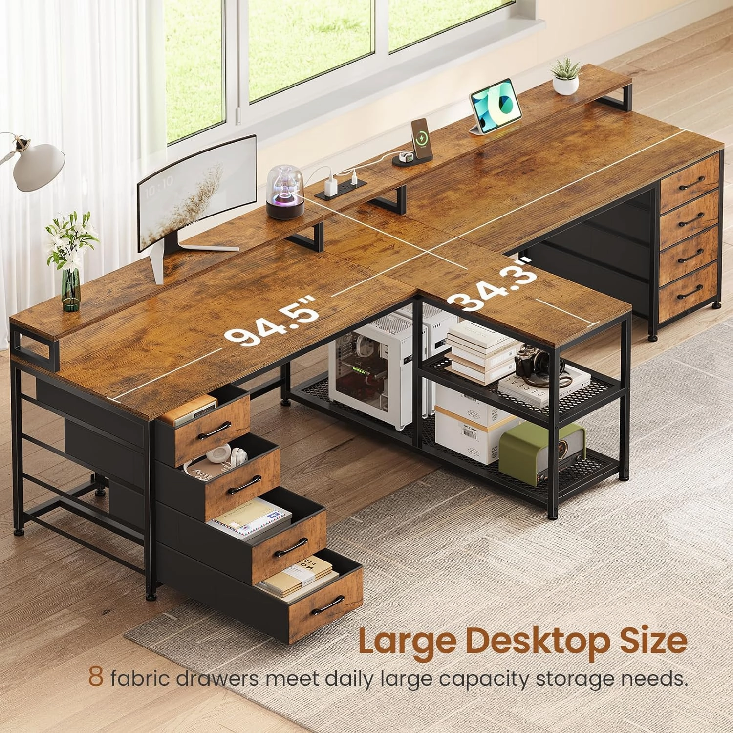 SEDETA 94.5" 2 Person Gaming Desk, Long Office Computer Desk with 8 Drawers & LED Lights, Two Person Desk with Storage, Power Strip & Monitor Stand for Home Office, Rustic Brown