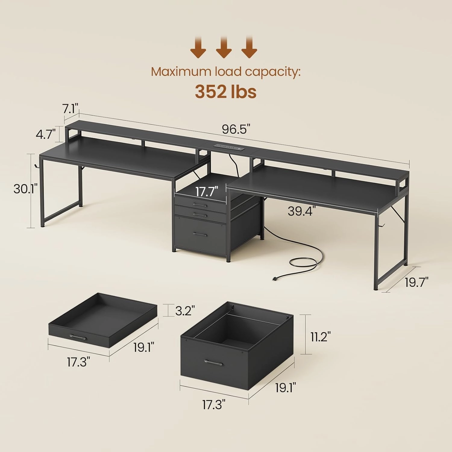 SEDETA 96.5" Office Desk, 2 Person Computer Desk with 3 Fabric Drawers & Power Strip, Long Gaming Desk with LED Light & Monitor Stand for Home Office, Black