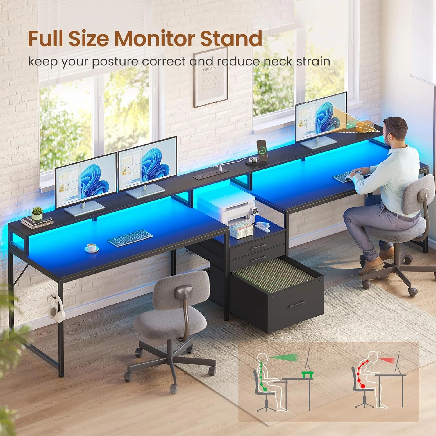 SEDETA 96.5" Office Desk, 2 Person Computer Desk with 3 Fabric Drawers & Power Strip, Long Gaming Desk with LED Light & Monitor Stand for Home Office, Black