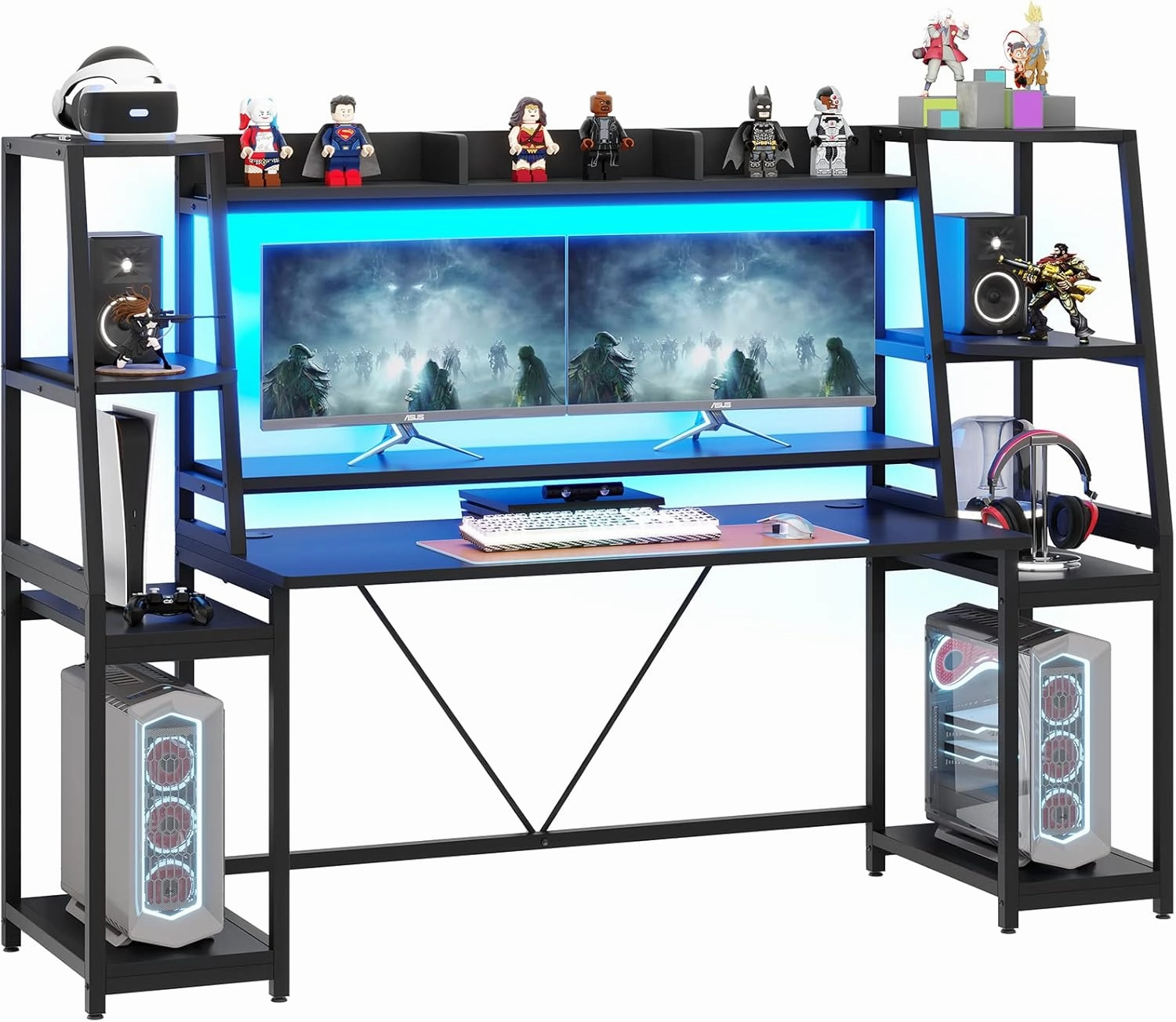 SEDETA Gaming Desk 78.8'' with LED Lights, Hutch and Storage Shelves, Computer Desk with Monitor Stand, Large PC Gamer Desk Workstation, Ergonomic Gaming Table for Bedroom, Living Room, Black