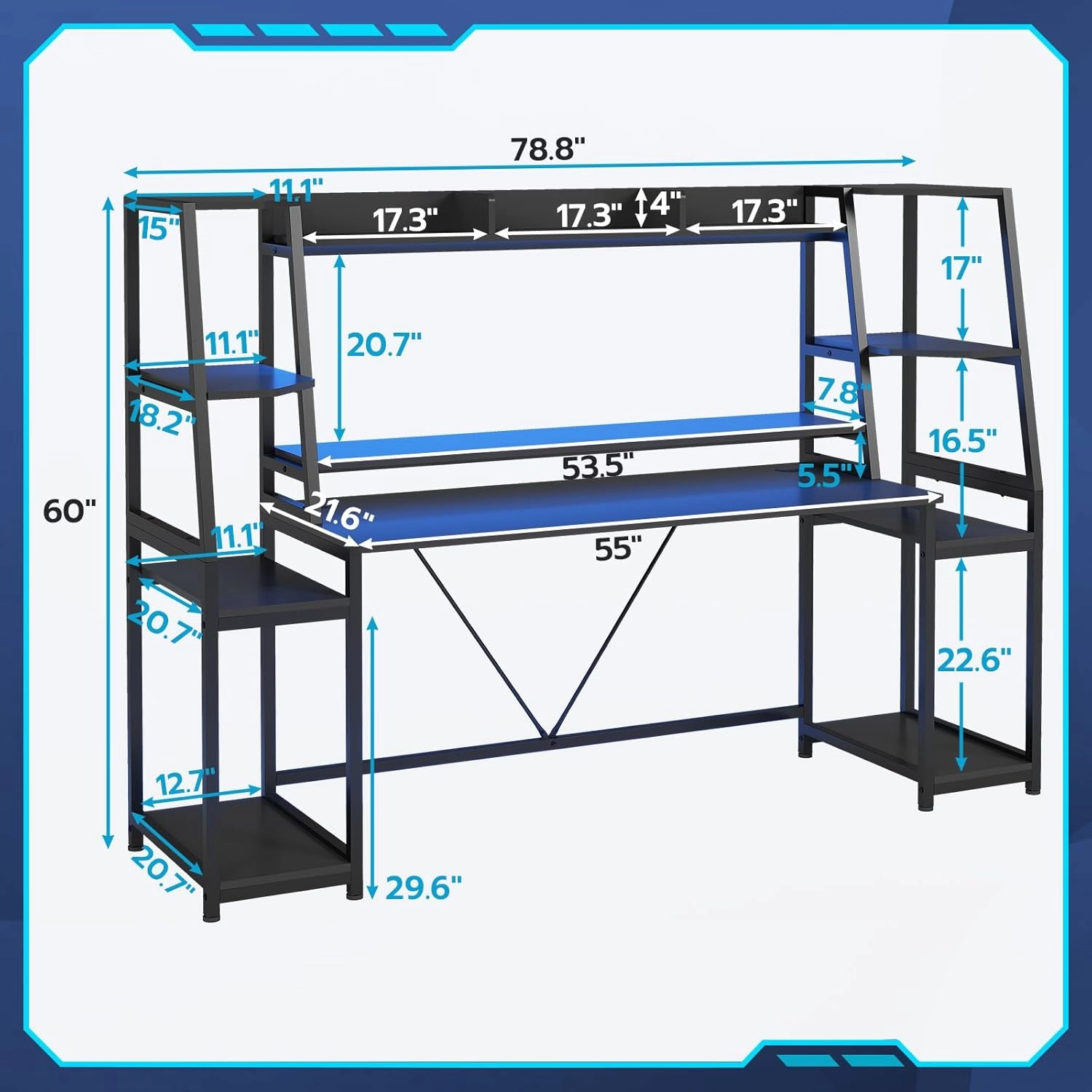 SEDETA Gaming Desk 78.8'' with LED Lights, Hutch and Storage Shelves, Computer Desk with Monitor Stand, Large PC Gamer Desk Workstation, Ergonomic Gaming Table for Bedroom, Living Room, Black