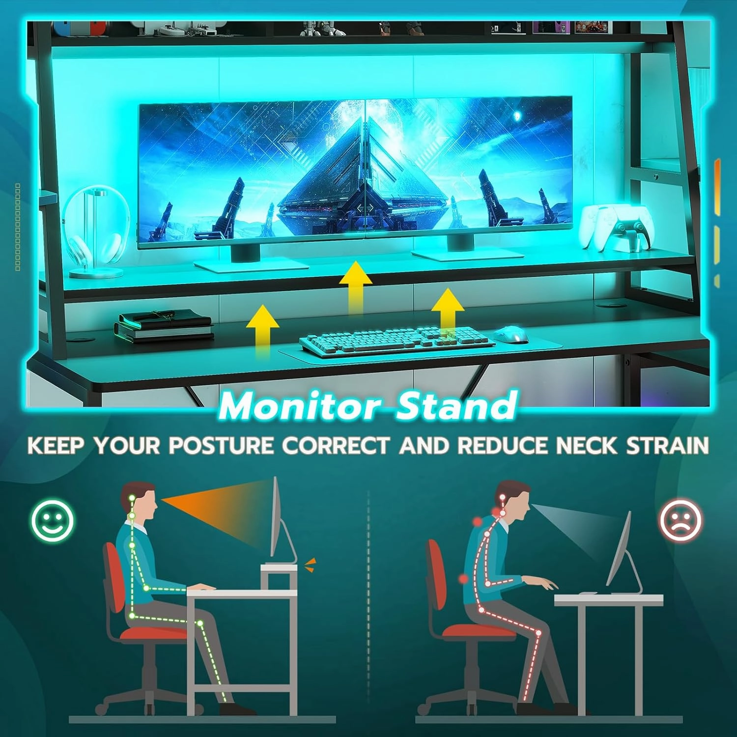 SEDETA Gaming Desk 78.8'' with LED Lights, Hutch and Storage Shelves, Computer Desk with Monitor Stand, Large PC Gamer Desk Workstation, Ergonomic Gaming Table for Bedroom, Living Room, Black