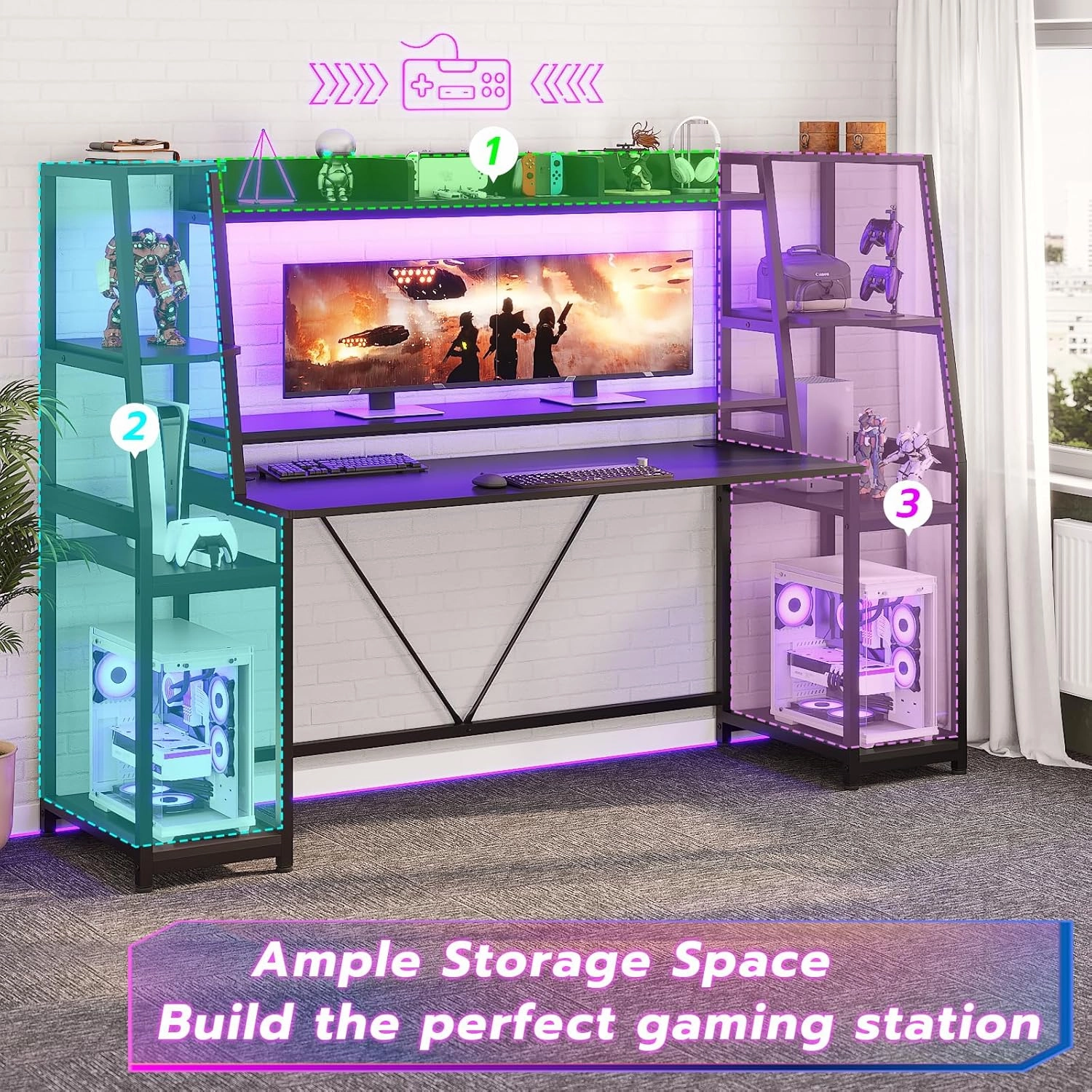 SEDETA Gaming Desk 78.8'' with LED Lights, Hutch and Storage Shelves, Computer Desk with Monitor Stand, Large PC Gamer Desk Workstation, Ergonomic Gaming Table for Bedroom, Living Room, Black