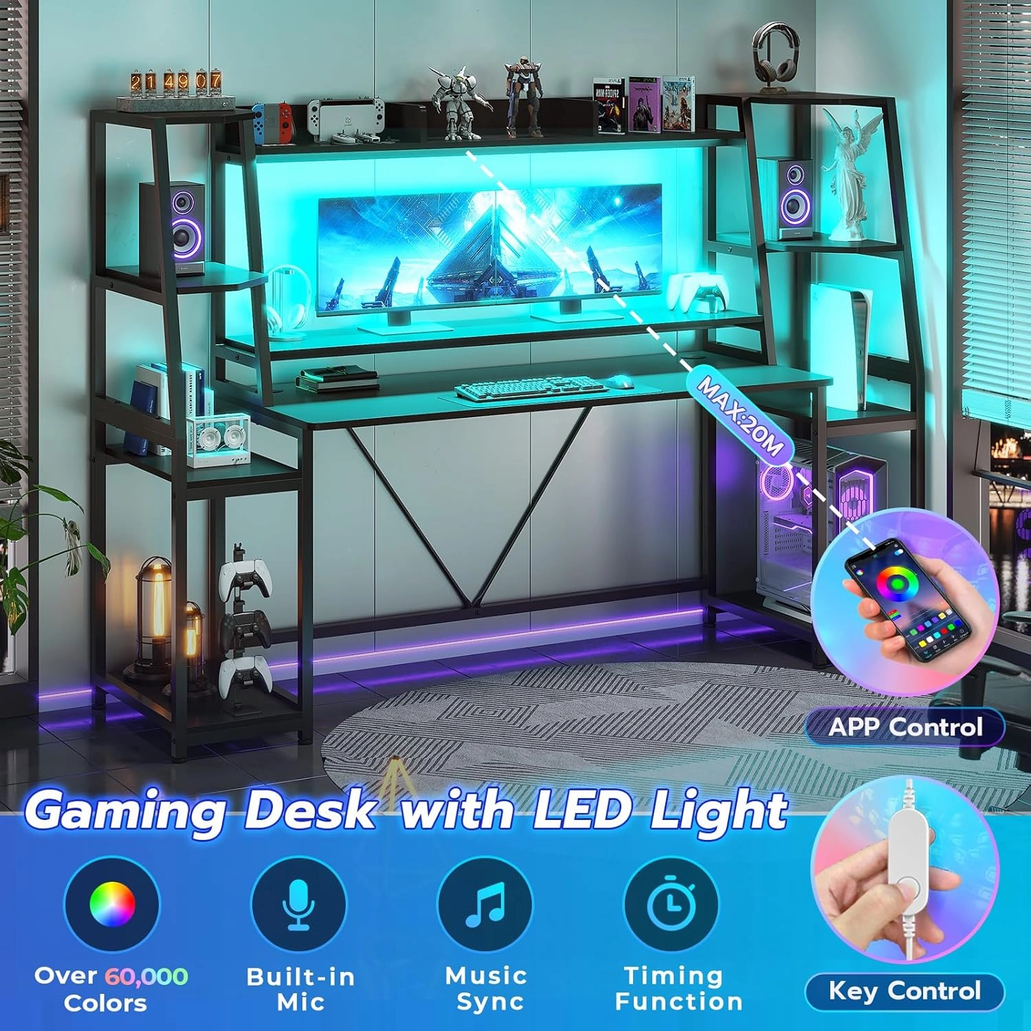 SEDETA Gaming Desk 78.8'' with LED Lights, Hutch and Storage Shelves, Computer Desk with Monitor Stand, Large PC Gamer Desk Workstation, Ergonomic Gaming Table for Bedroom, Living Room, Black