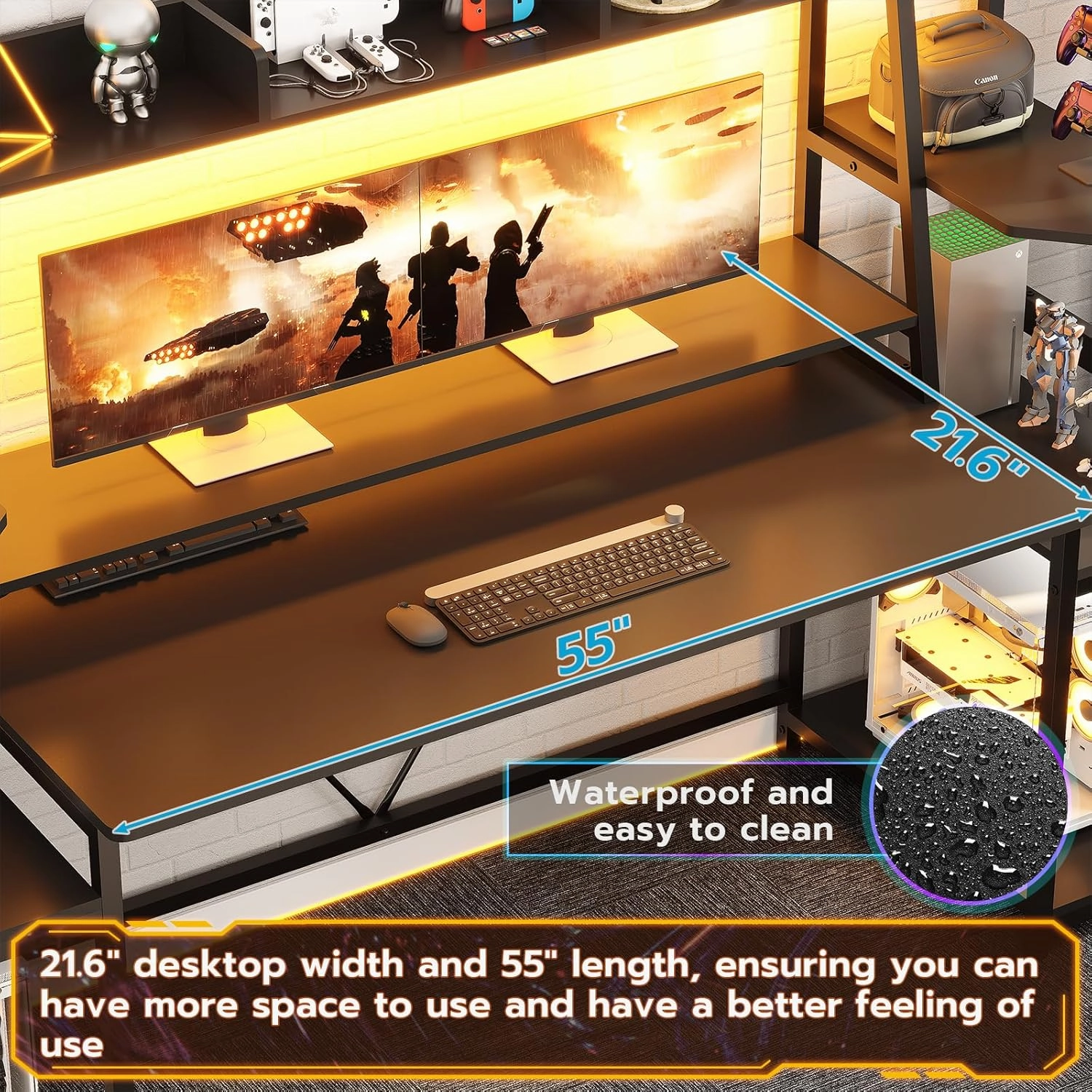 SEDETA Gaming Desk 78.8'' with LED Lights, Hutch and Storage Shelves, Computer Desk with Monitor Stand, Large PC Gamer Desk Workstation, Ergonomic Gaming Table for Bedroom, Living Room, Black