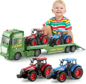 Semi Truck with Tractor Toy, Kids Tractor Set & Truck and Trailer Front Loader -Car Head/18 Wheeler/Light, Toddlers Farm Vehicle Toys for 3 4 5 6 7 8 9 Year Old Boys Girls Birthday Gift