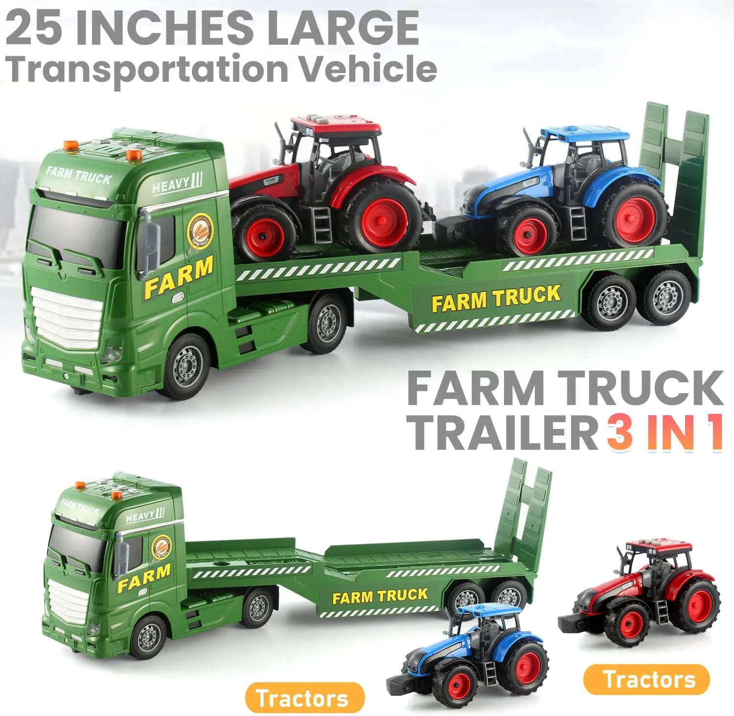 Semi Truck with Tractor Toy, Kids Tractor Set & Truck and Trailer Front Loader -Car Head/18 Wheeler/Light, Toddlers Farm Vehicle Toys for 3 4 5 6 7 8 9 Year Old Boys Girls Birthday Gift