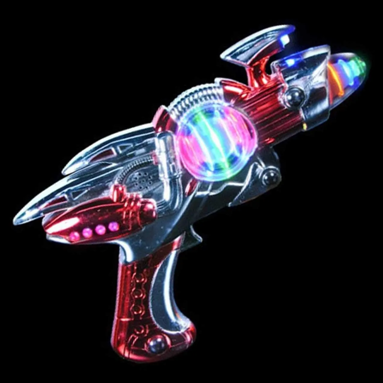 Set of 2 Super Spinning Laser Space Gun with LED Lights and Sound, Futuristic Cosplay Star Galactic Alien Blaster (1 Each: Red and Blue Body)