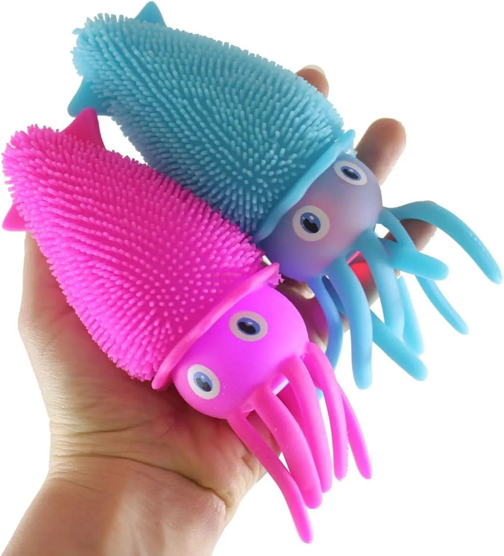 Set of All 4 Puffer Squid Ball - Light Up Flashing Fidget Indoor Soft Hairy Air-Filled Sensory Ball (All 4 Colors)