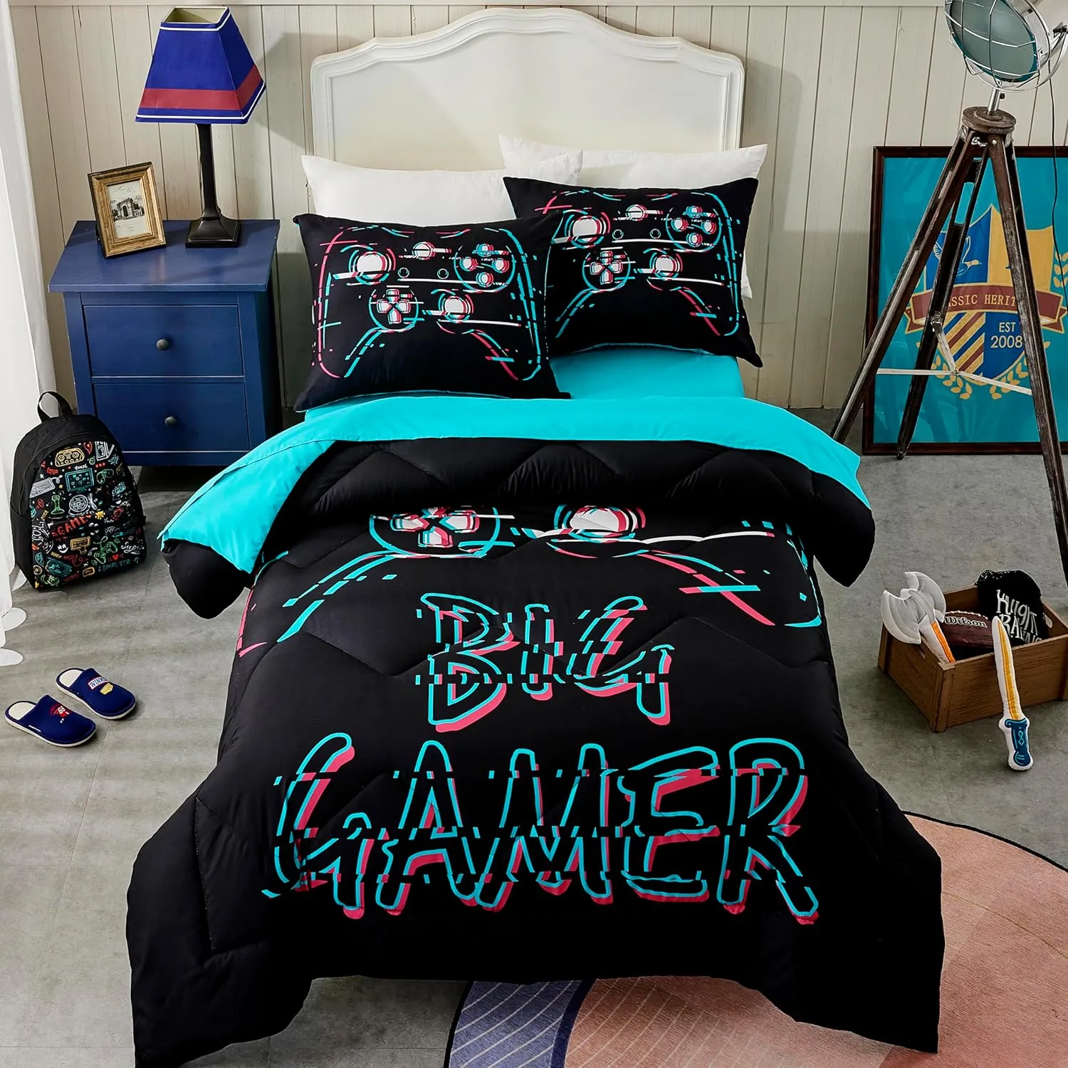 Seward Park Boys Full/Queen Bedding Set with Sheet, Video Gaming Bed in a Bag for Kids Teen, Dorm Comforter Sets, Game Black 5 Pieces
