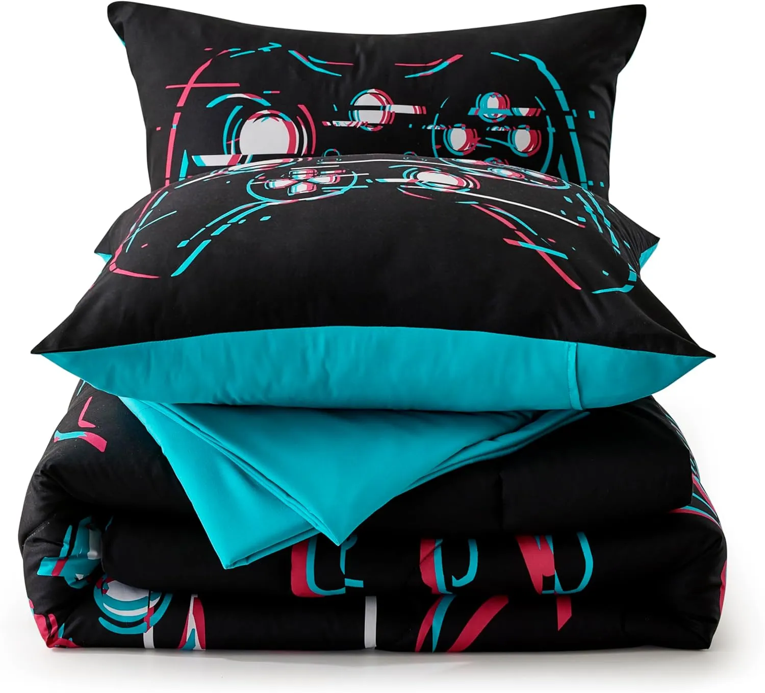 Seward Park Boys Full/Queen Bedding Set with Sheet, Video Gaming Bed in a Bag for Kids Teen, Dorm Comforter Sets, Game Black 5 Pieces