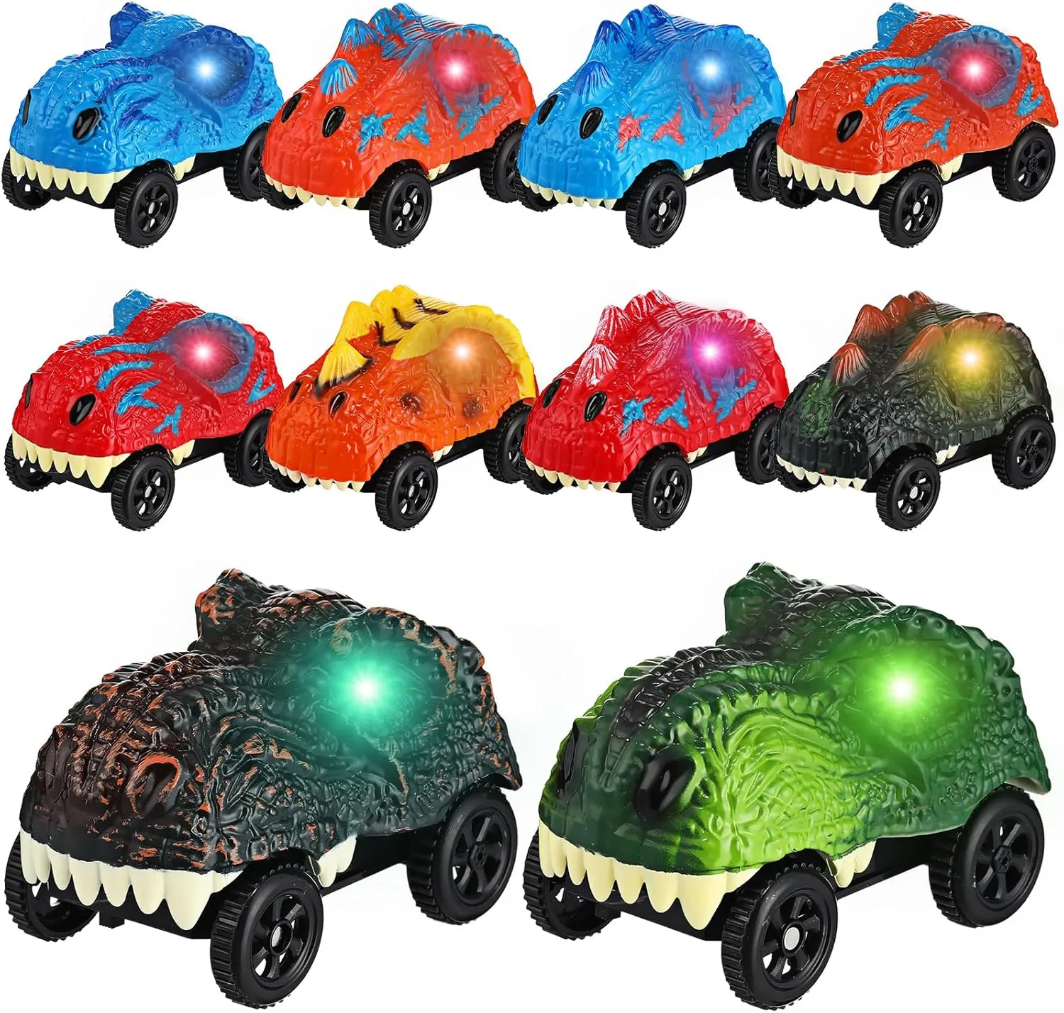 Shappy 10 Packs Dinosaur Track Cars Replacement with 3 Style Flashing LED Lights Dinosaur Race Car Track for Boys Girls Christmas Birthday Party Gifts Supplies, 10 Different Designs