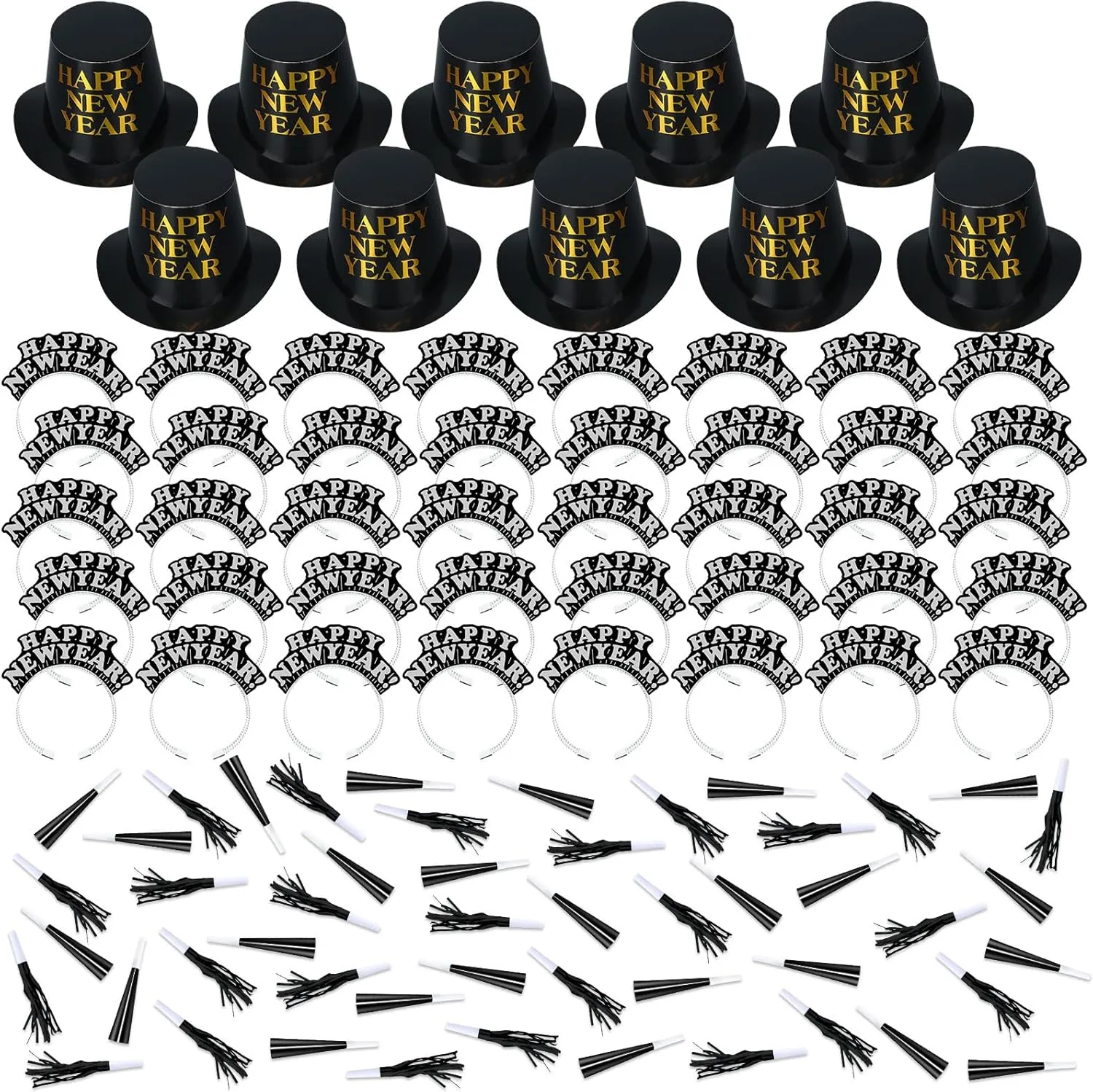 Shappy 100 Pcs New Years Eve Party Supplies 2026 New Year's Eve Party Kit 10 Top Hat 40 Tiara 50 Noisemaker Decor