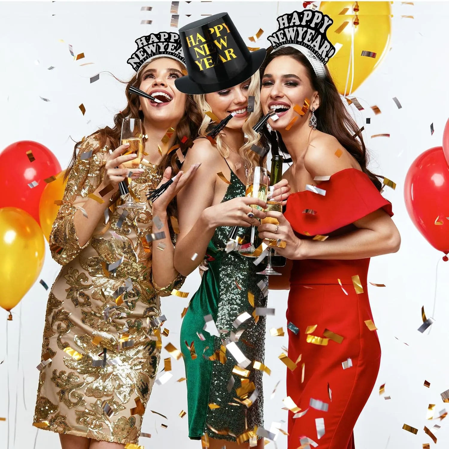 Shappy 100 Pcs New Years Eve Party Supplies 2026 New Year's Eve Party Kit 10 Top Hat 40 Tiara 50 Noisemaker Decor