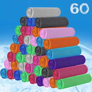 Shellwei 60 Pack Cooling Towels,40"x12" Ice Breathable Soft Chilly Sweat Rag Microfiber Workout Rags for Gym Cooling Towels for Neck and Face for Yoga Golf Sport Running (10 Colors)