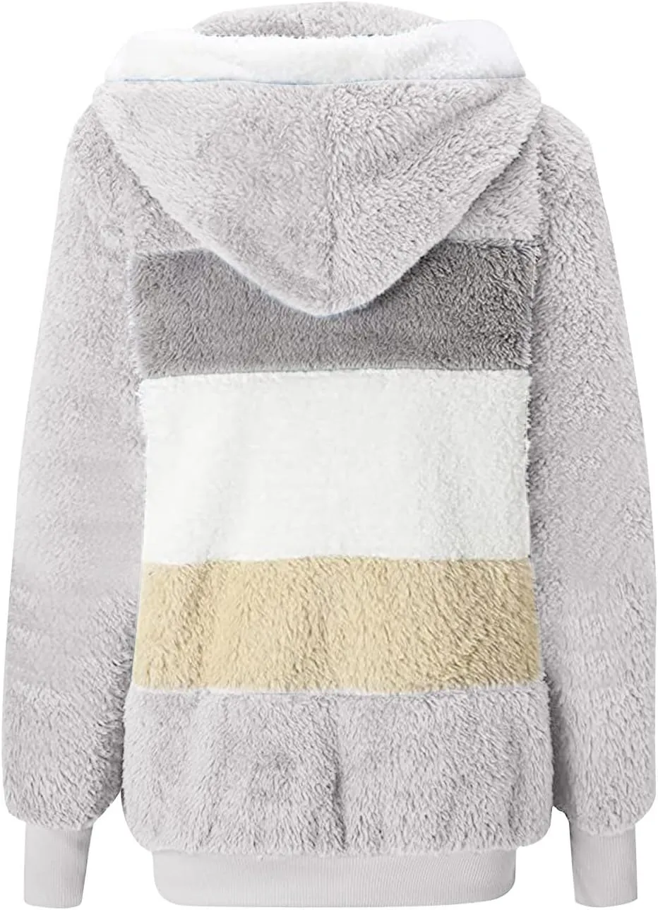 Sherpa Jacket For Women With Hood Causal Loose Plus Size Zip Up Color Block Fuzzy Fleece Coat Warm Teddy Outwear
