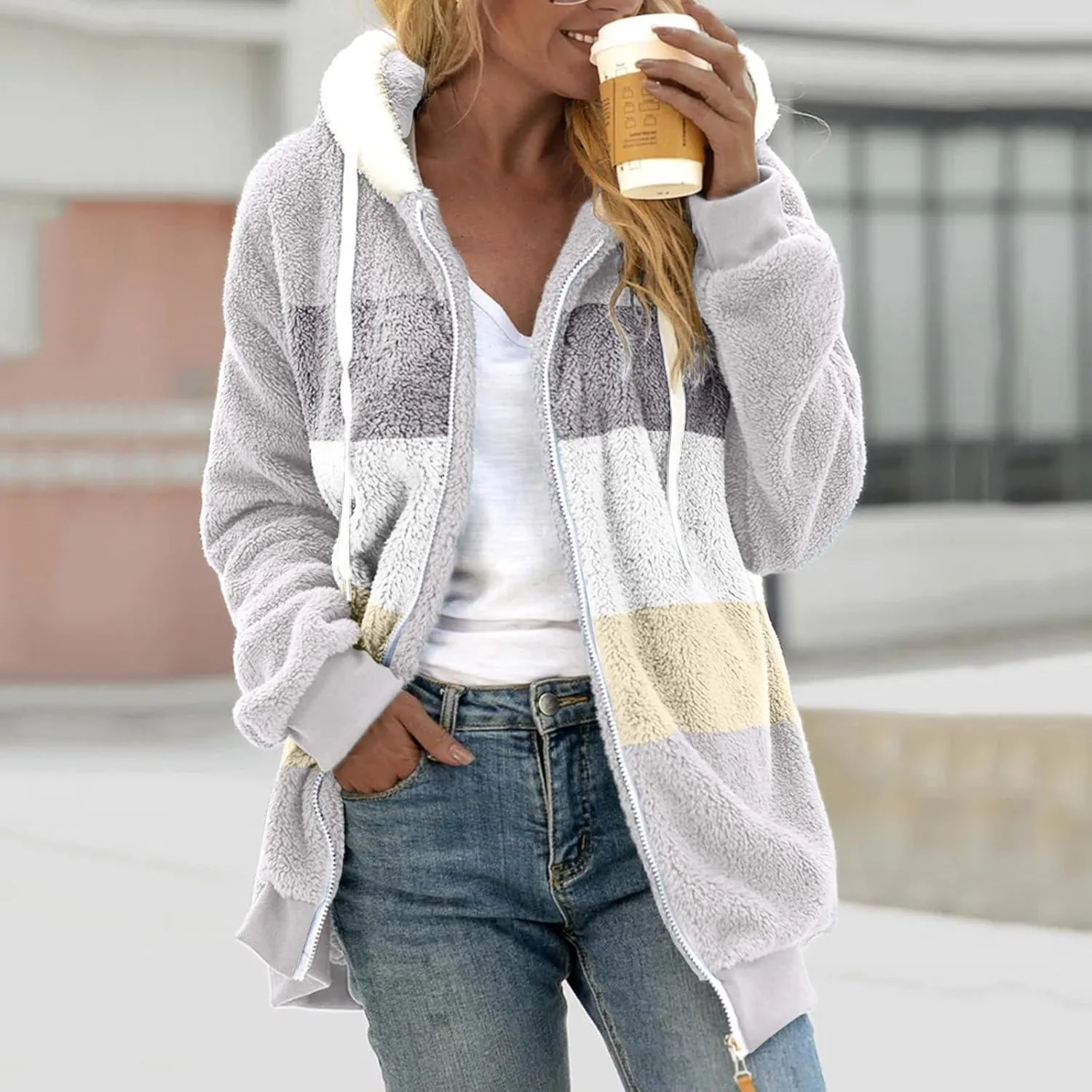 Sherpa Jacket For Women With Hood Causal Loose Plus Size Zip Up Color Block Fuzzy Fleece Coat Warm Teddy Outwear