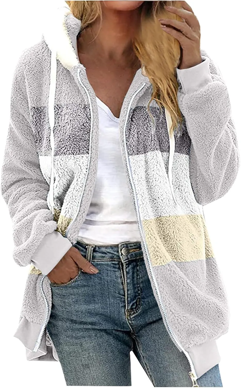 Sherpa Jacket For Women With Hood Causal Loose Plus Size Zip Up Color Block Fuzzy Fleece Coat Warm Teddy Outwear