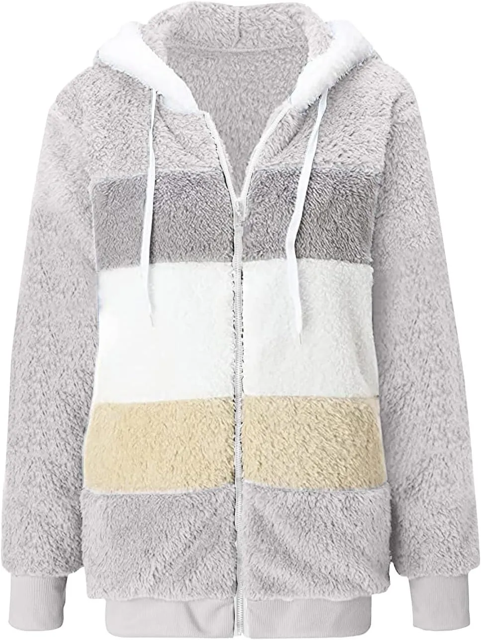 Sherpa Jacket For Women With Hood Causal Loose Plus Size Zip Up Color Block Fuzzy Fleece Coat Warm Teddy Outwear